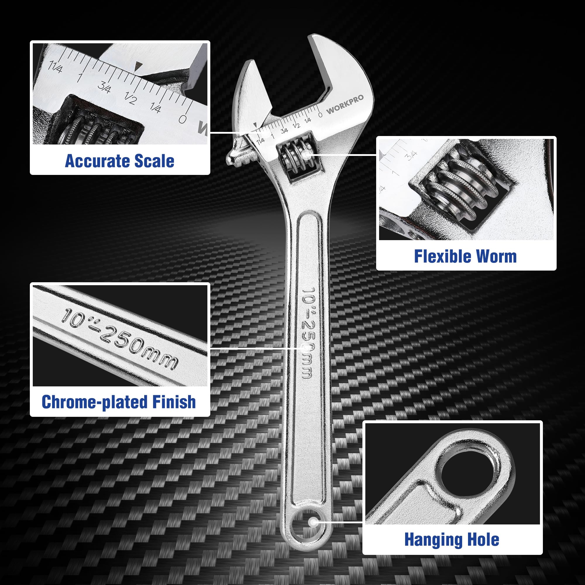 WORKPRO 4-piece Adjustable Wrench Set, Forged, Heat Treated, Chrome-plated (6-inch, 8-inch, 10-inch, 12-inch)