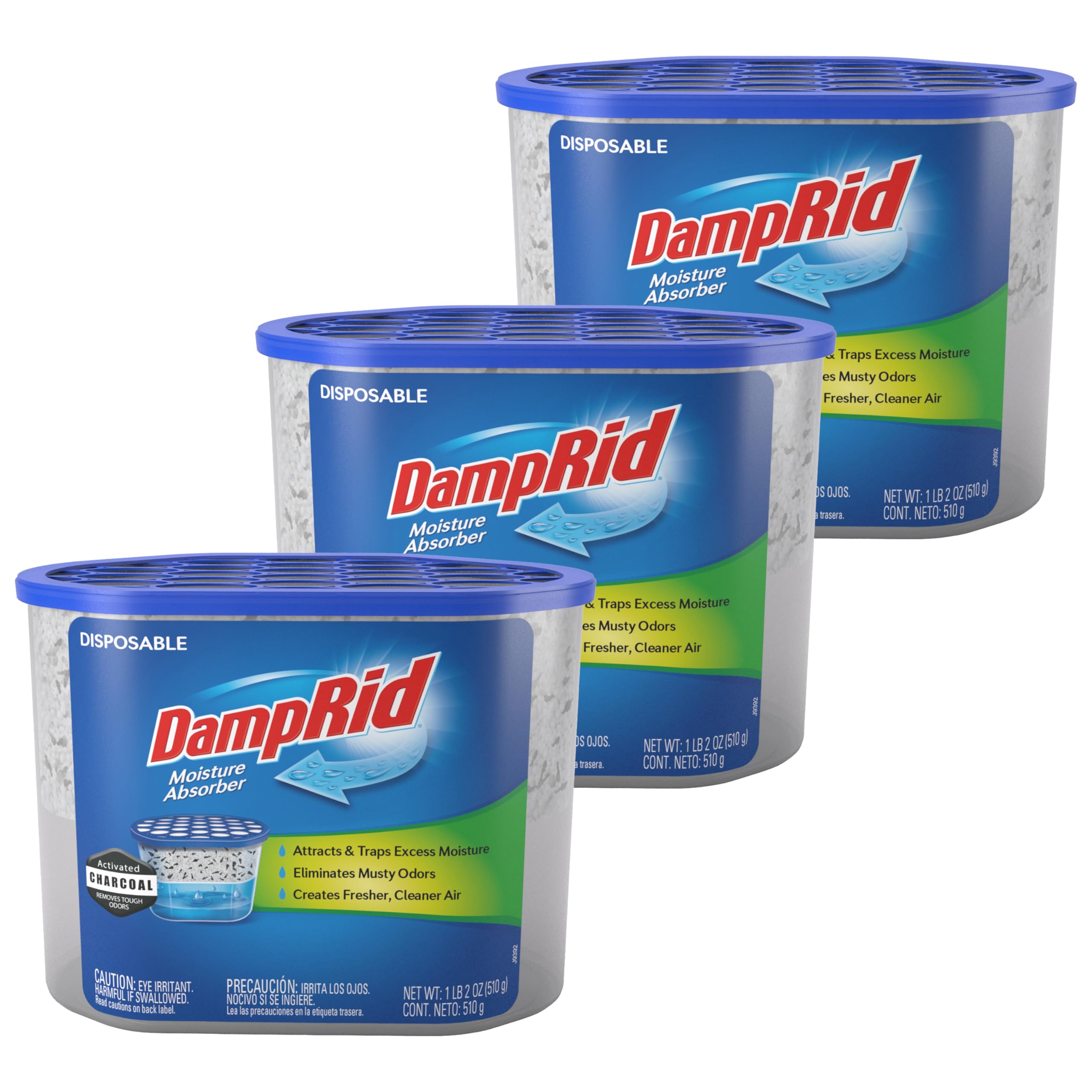 DampRid Geruchsneutraler Einweg-Feuchtigkeitsabsorber mit Aktivkohle, 510 g (3er-Pack) Feuchtigkeits- und Geruchsentferner, hält bis zu 60 Tage, kein Strom erforderlich