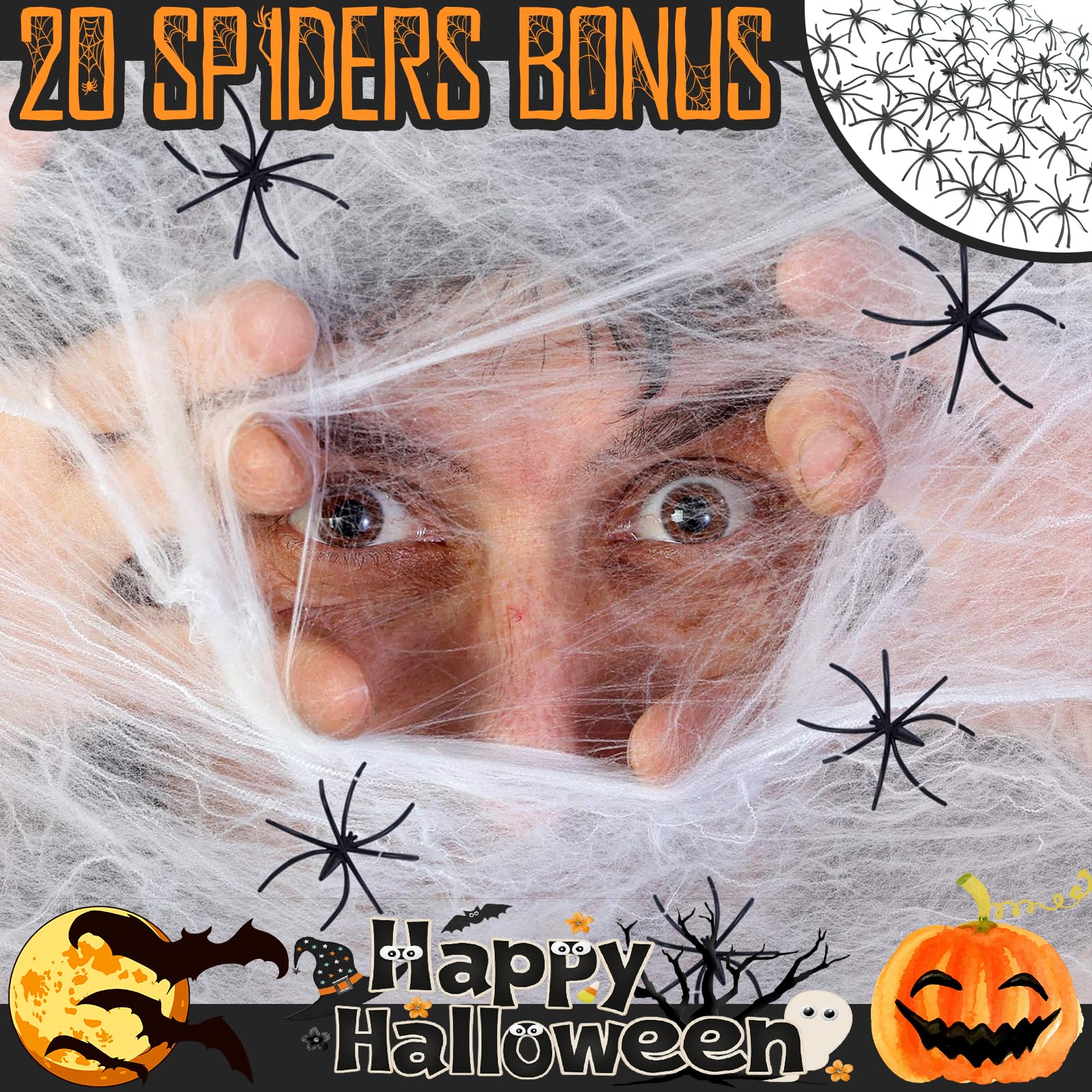 Midsea 500 sqft Spider Web Halloween Decorations with 20 Fake Spiders, Super Stretch Spider Webs for Halloween Decor Indoor & Outdoor, Party Supplies Garage Door Decorations