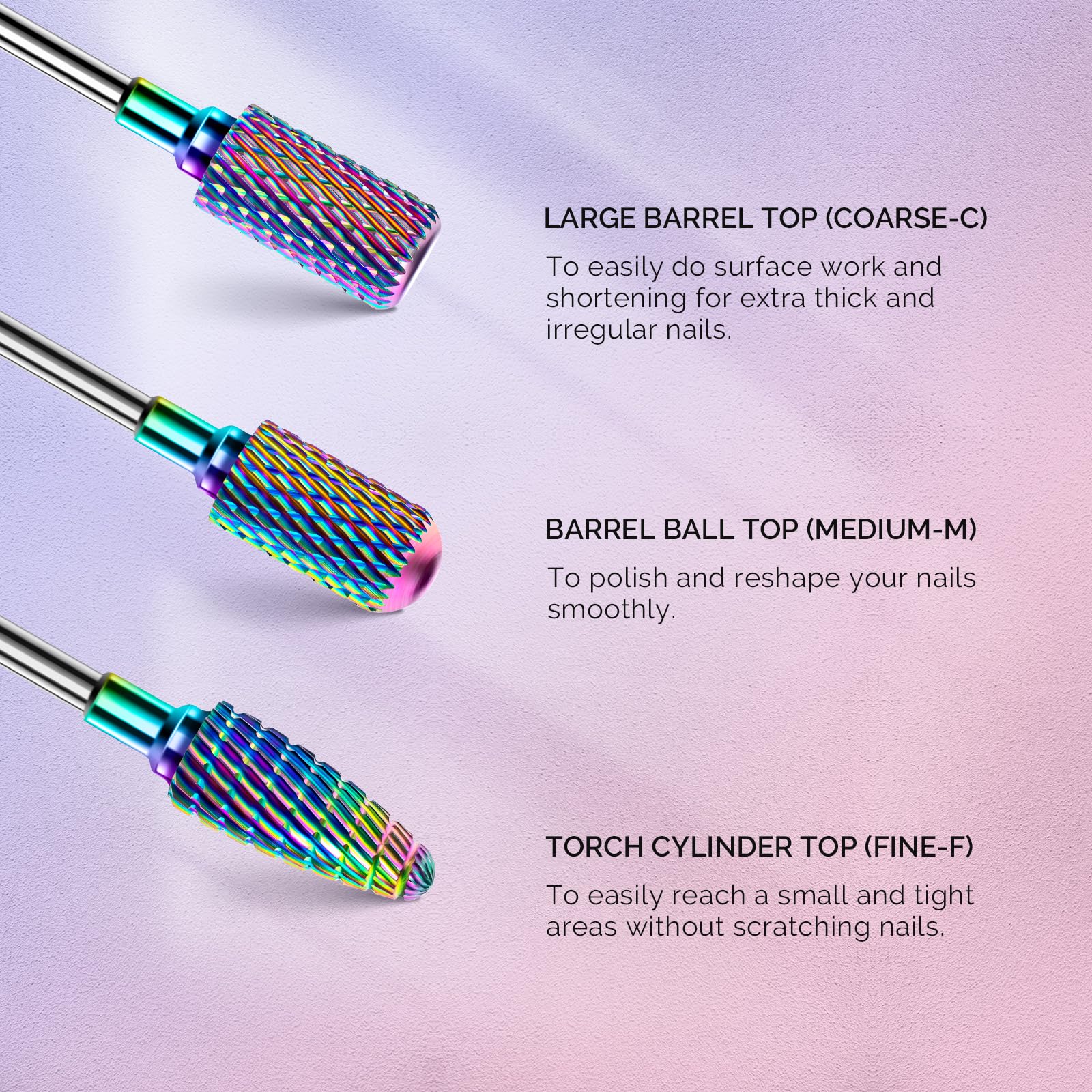 MelodySusie Nail Drill Bits Set, 7pcs Tungsten Carbide Diamond Nail Drill Bits for Acrylic Nails Poly Gel Cuticle Remove, 3/32'' Professional Nail Bits for Nail Drill Efile, Manicure Pedicure Tools