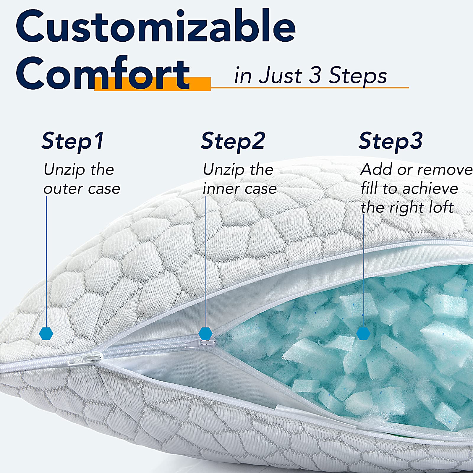 QUTOOL Cooling Pillows for Sleeping 2 Pack, Shredded Memory Foam Bed Pillows Queen Size Set of 2, Cool Gel Pillow for Hot Sleepers Adjustable Firm Pillow for Side, Back and Stomach Sleepers Supportive