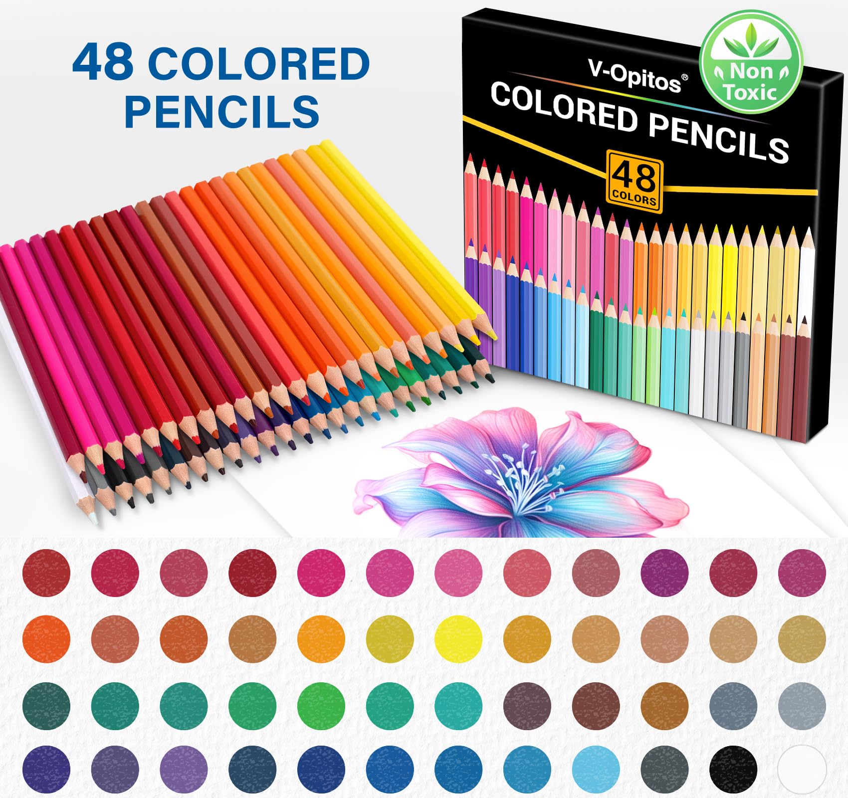 V-Opitos 48 Pack Colored Pencils Set, Pre-sharpened Coloring Pencils for Kids Beginners, Colored Pencils for Adult Coloring Books, Ideal Art Supplies for Sketching, Coloring & Painting