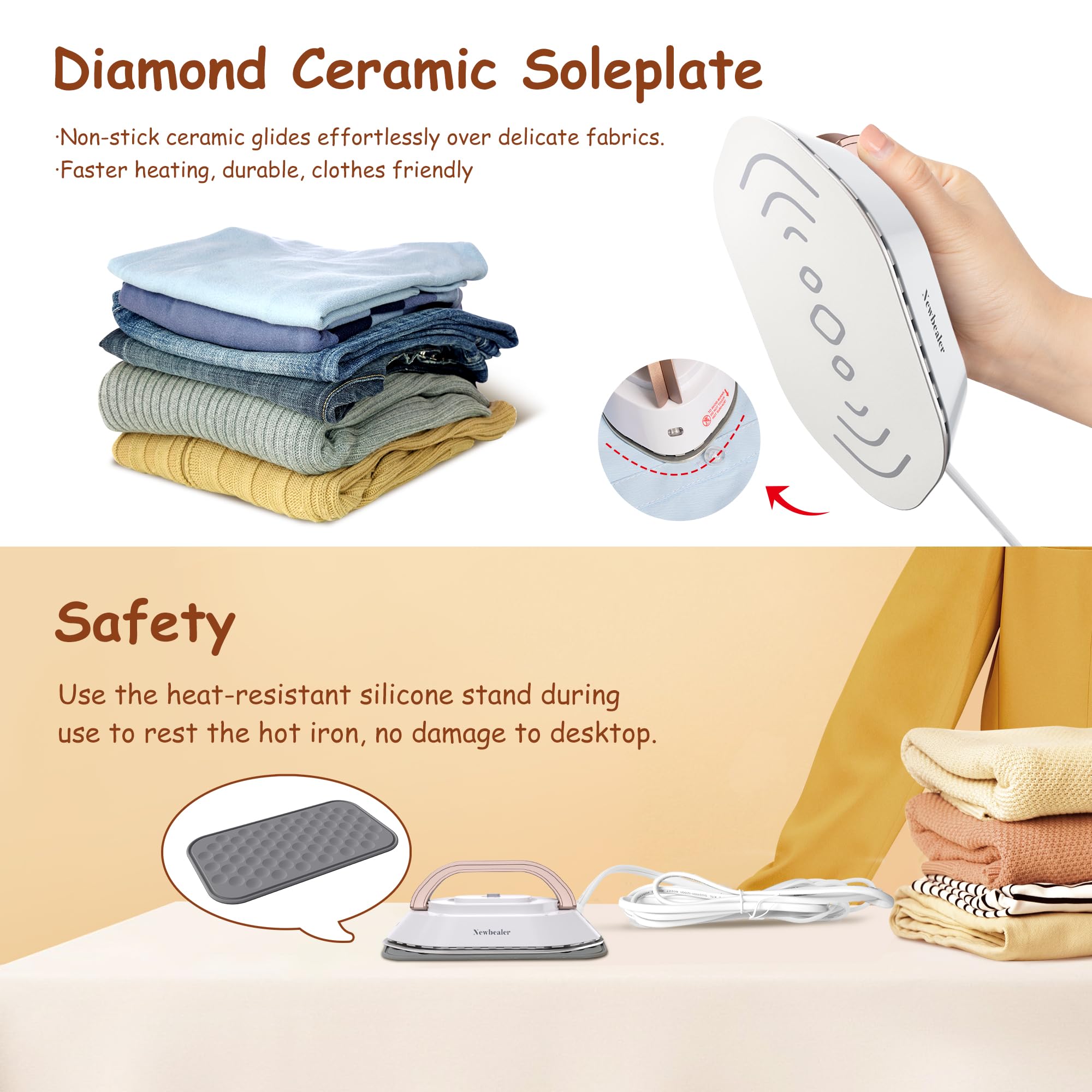 Newbealer Travel Iron with Dual Voltage - 120V/220V Lightweight Dry Iron for Clothes (No Steam), Non-Stick Ceramic Soleplate, 302℉ Heat Press Machine, w/Spray Bottle, Pouch & Silicone Stand (White)