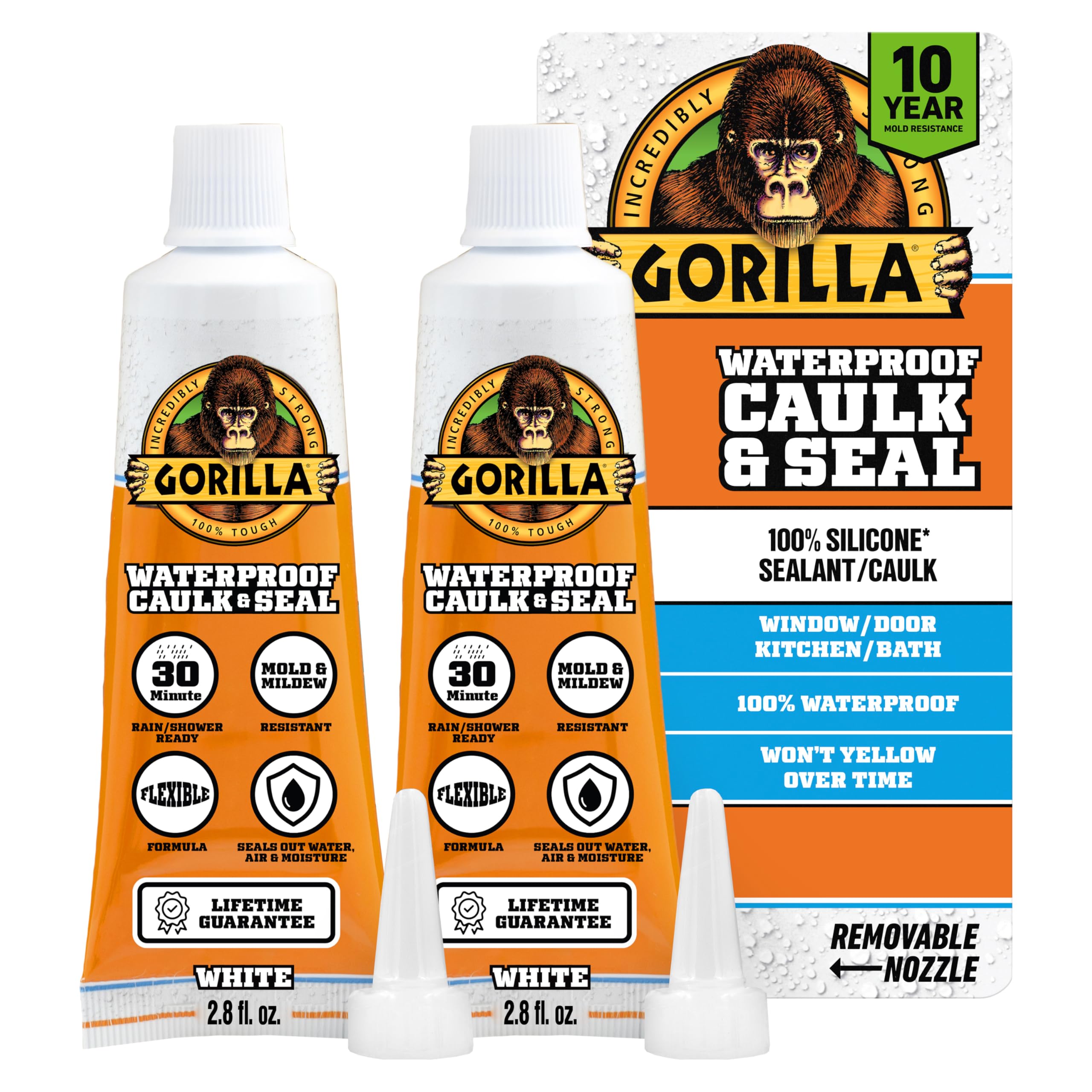 Gorilla 100% Silicone Caulk, Waterproof Sealant, 2.8oz Squeeze Tube (Pack of 2) - White -10 Year Mold Resistant Kitchen, Window, Bath, Marine, Door and More