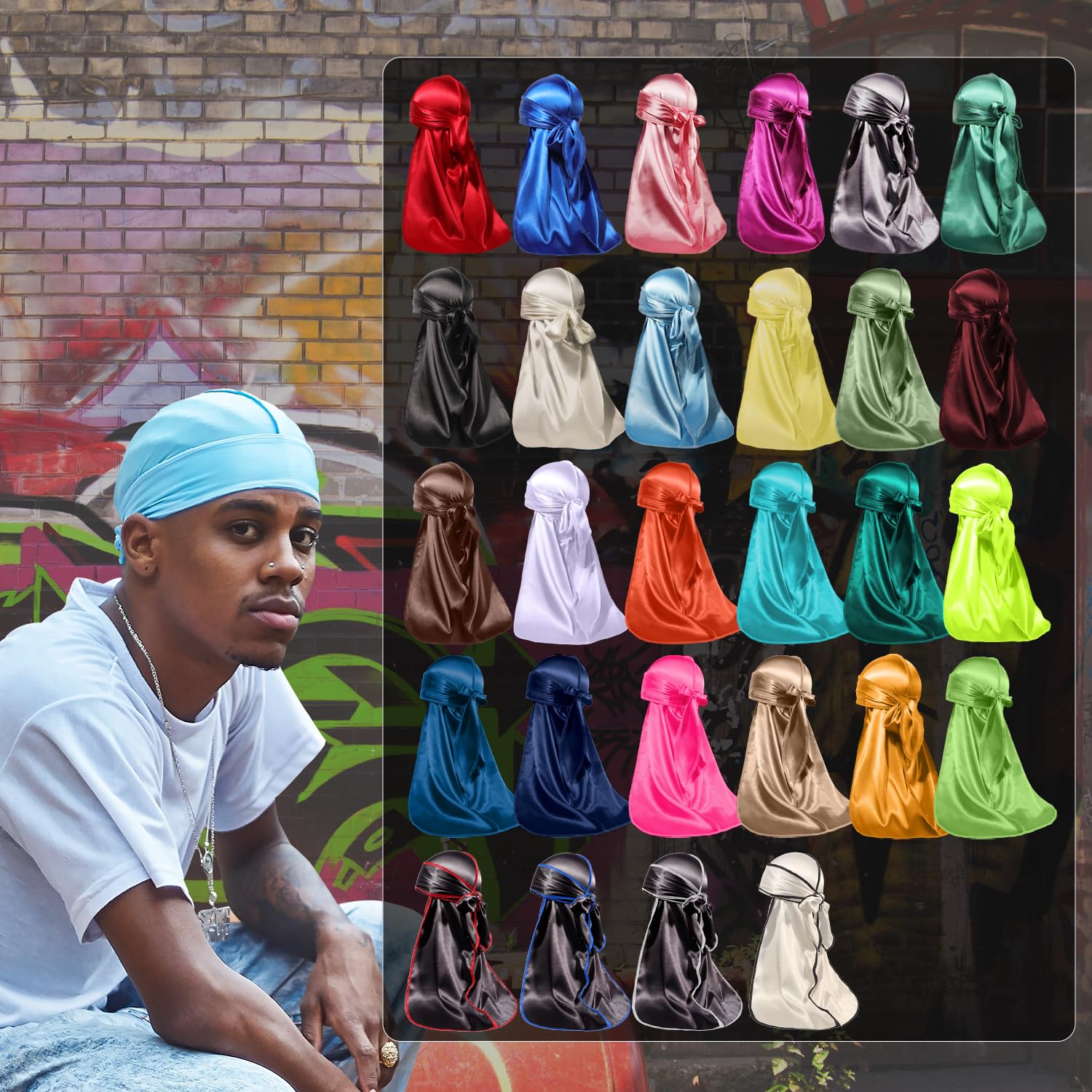 ForceWave 2 Pieces Silky Durag Pack for Men Women Waves, Premium Satin Deluxe Du-rag (Black Black)