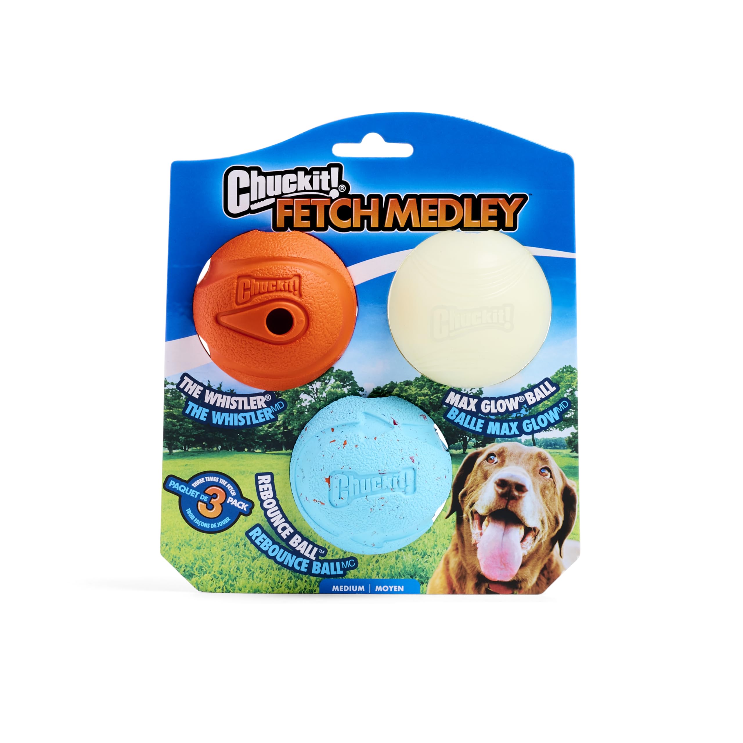 Chuckit! Fetch Medley Dog Ball Dog Toys, Medium (2.5 Inch) Pack of 3, for Medium Breeds, Includes Whistler, Max Glow and Rebounce Balls