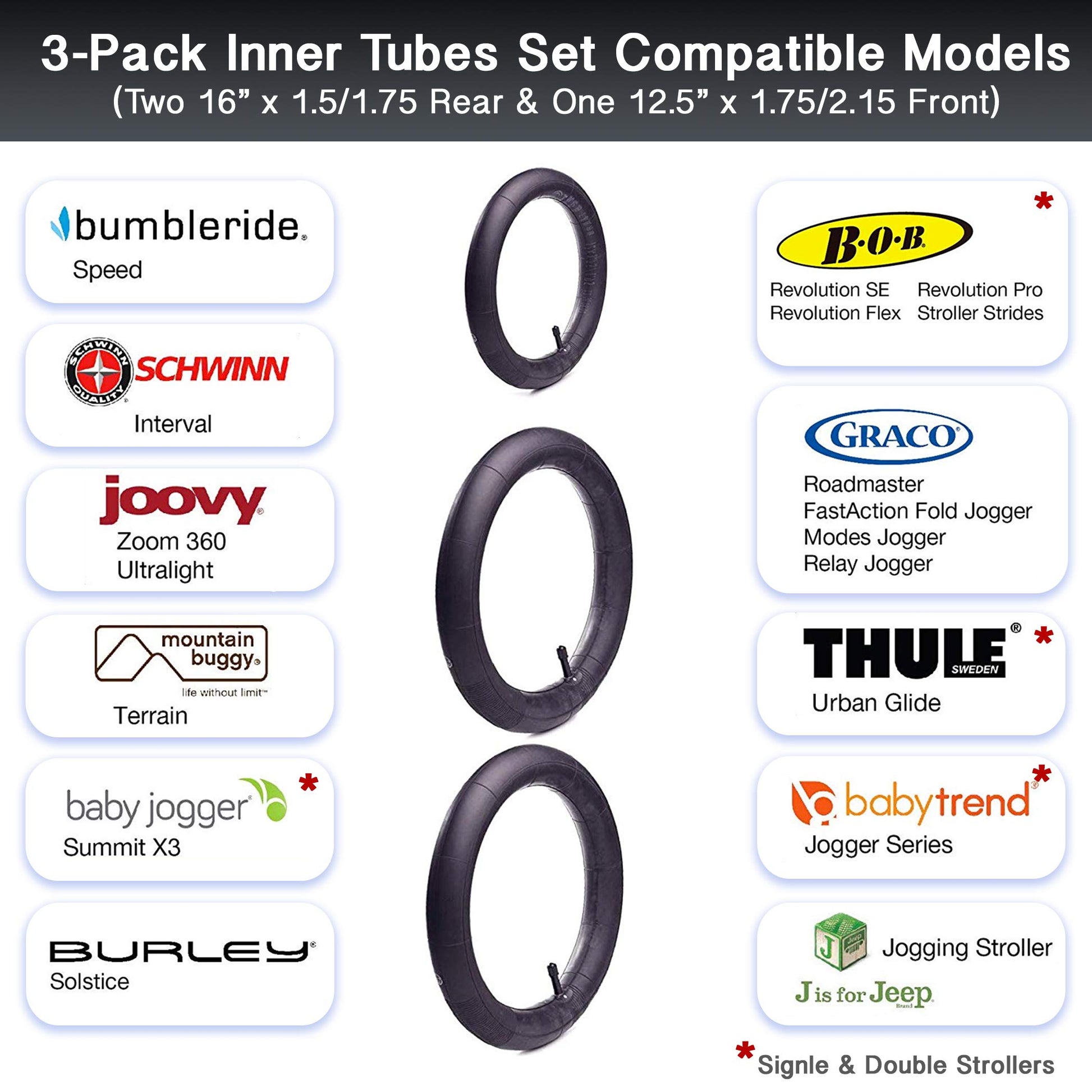 CALPALMY 16" Back and 12.5" Front (2+1) Stroller Wheel Replacement Inner Tubes, Compatible with BoB Stroller Tire Tube Revolution SE/Pro/Flex/SU/Ironman, Made from BPA/Latex Free Premium Butyl Rubber