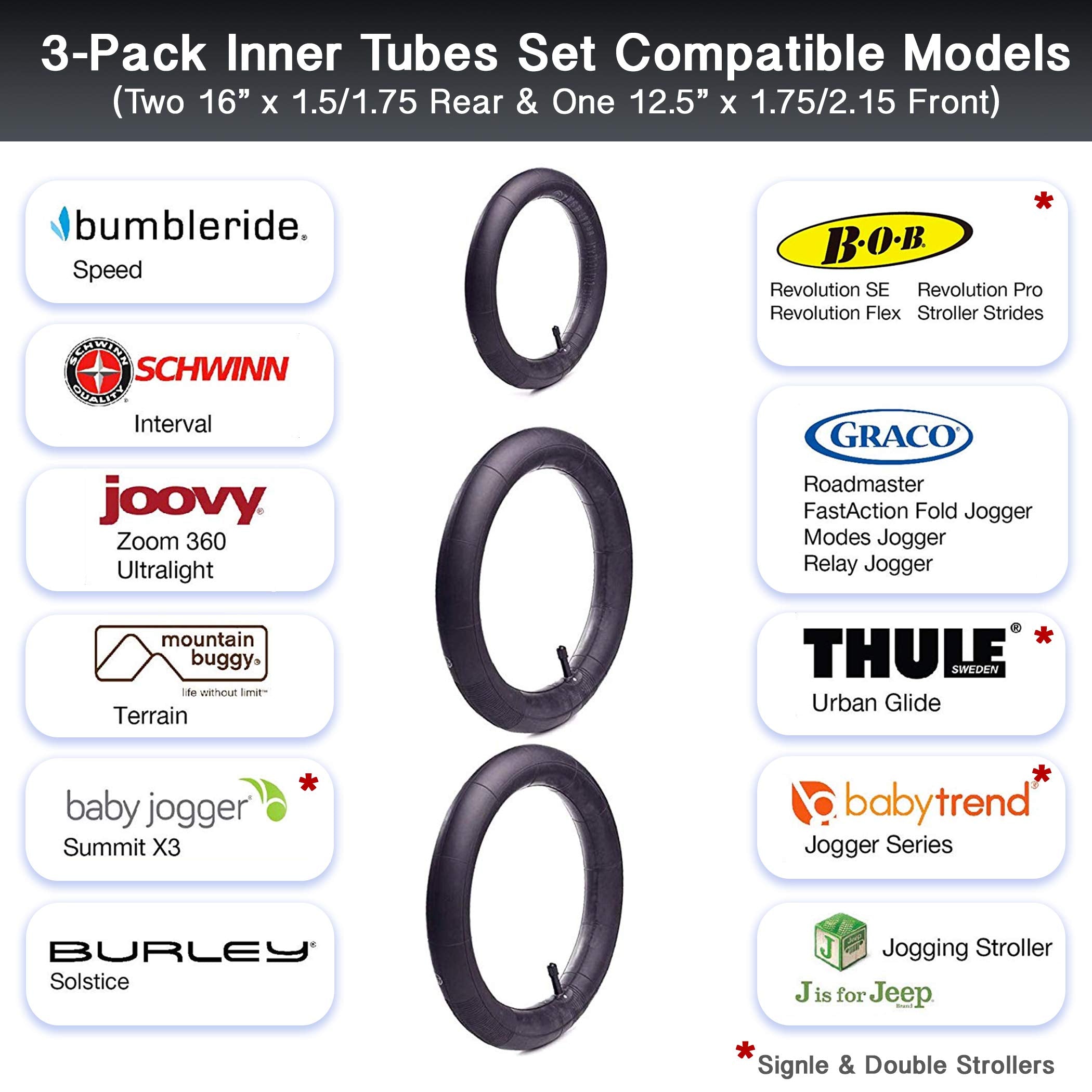 CALPALMY 16" Back and 12.5" Front (2+1) Stroller Wheel Replacement Inner Tubes, Compatible with BoB Stroller Tire Tube Revolution SE/Pro/Flex/SU/Ironman, Made from BPA/Latex Free Premium Butyl Rubber