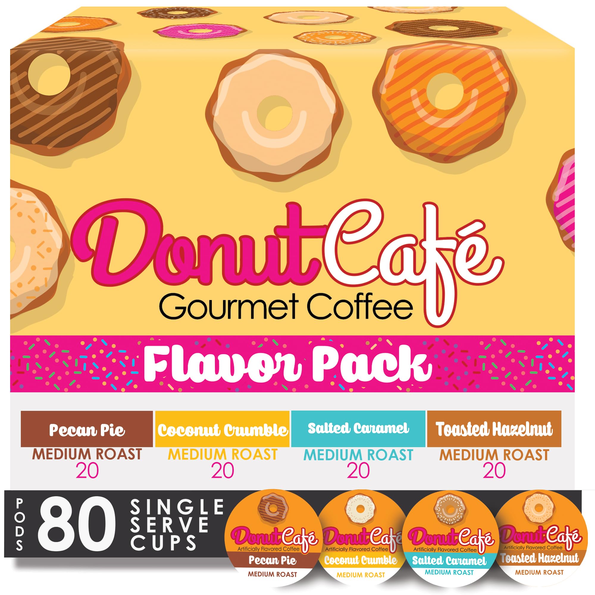 Donut Cafe - Gourmet Coffee Medium Roast Flavored Variety Pack - Pecan Pie, Coconut Crumble, Salted Caramel, Toasted Hazelnut - Single Serve Coffee Pods for Keurig K Cup Brewers - 80 Count