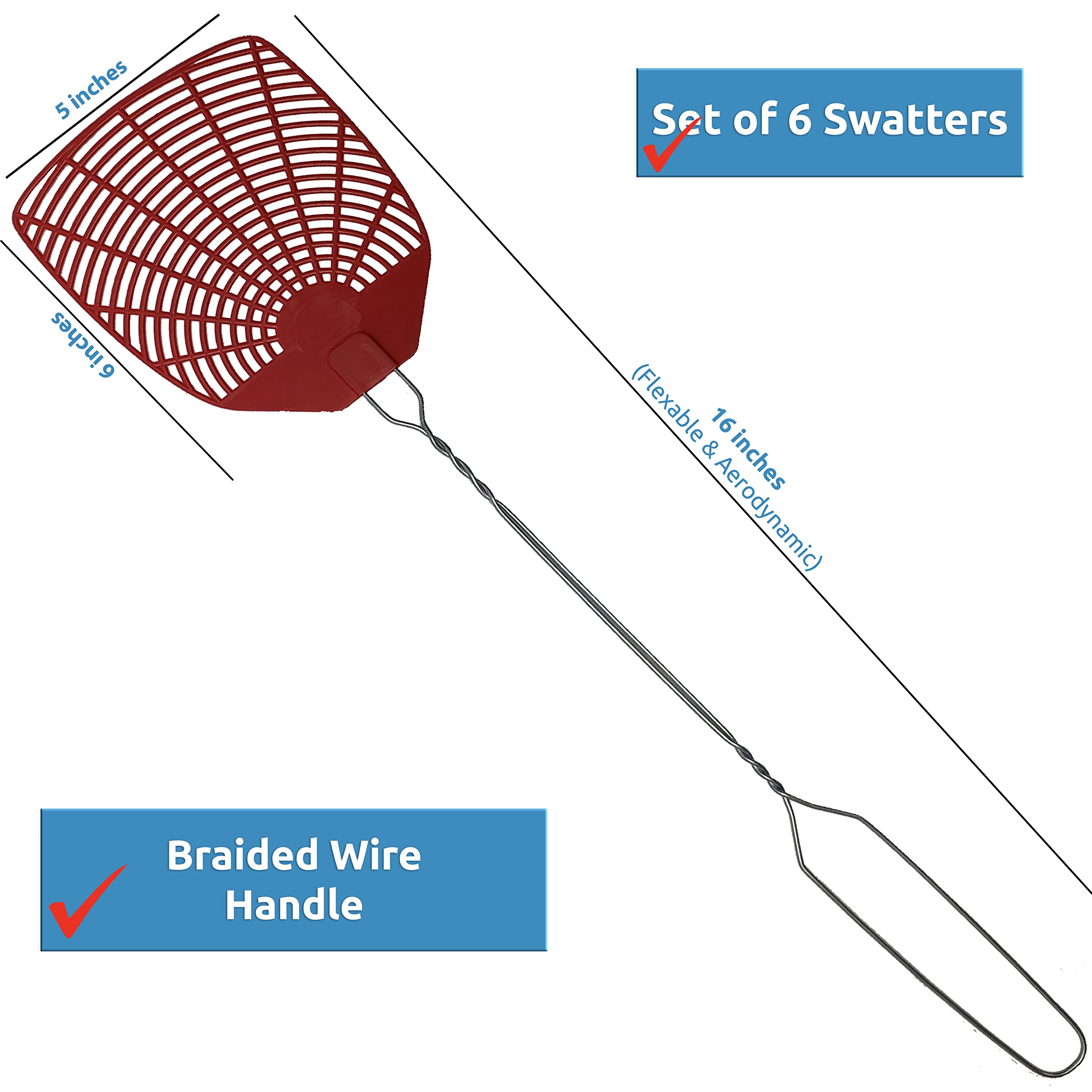 W4W, Bug & Fly Swatter Braided Metal Handle 6 Pack Fly Swatters Indoor/Outdoor flyswatter