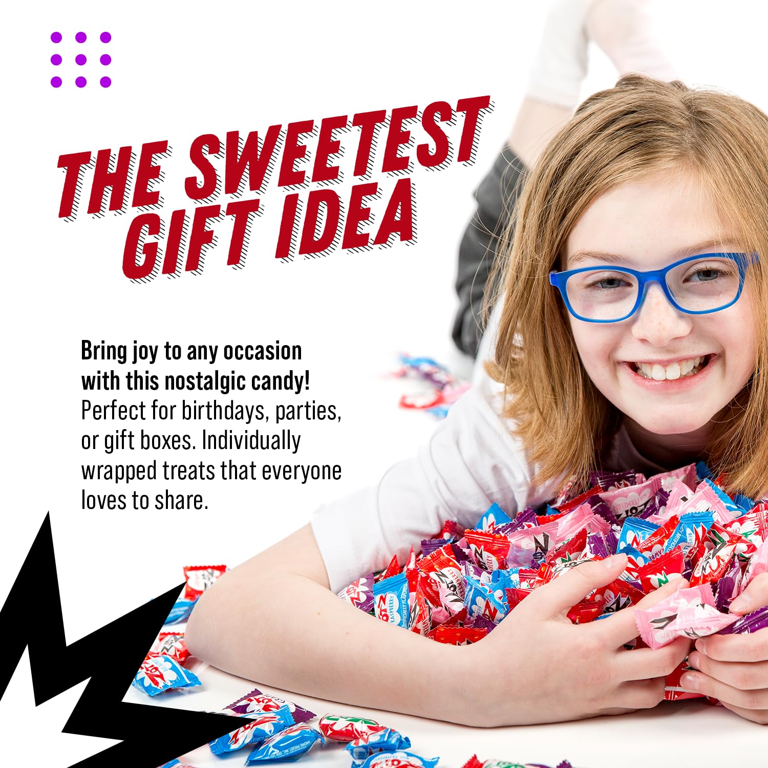 Zotz Fizzy Bulk Candy (Assorted, 100 Units)- Hard Candy Individually Wrapped- Assorted 7 Fruit Flavors, Cherry, Watermelon, Strawberry, Blue Raspberry, Apple, Orange & Grape- From Italy Since 1970