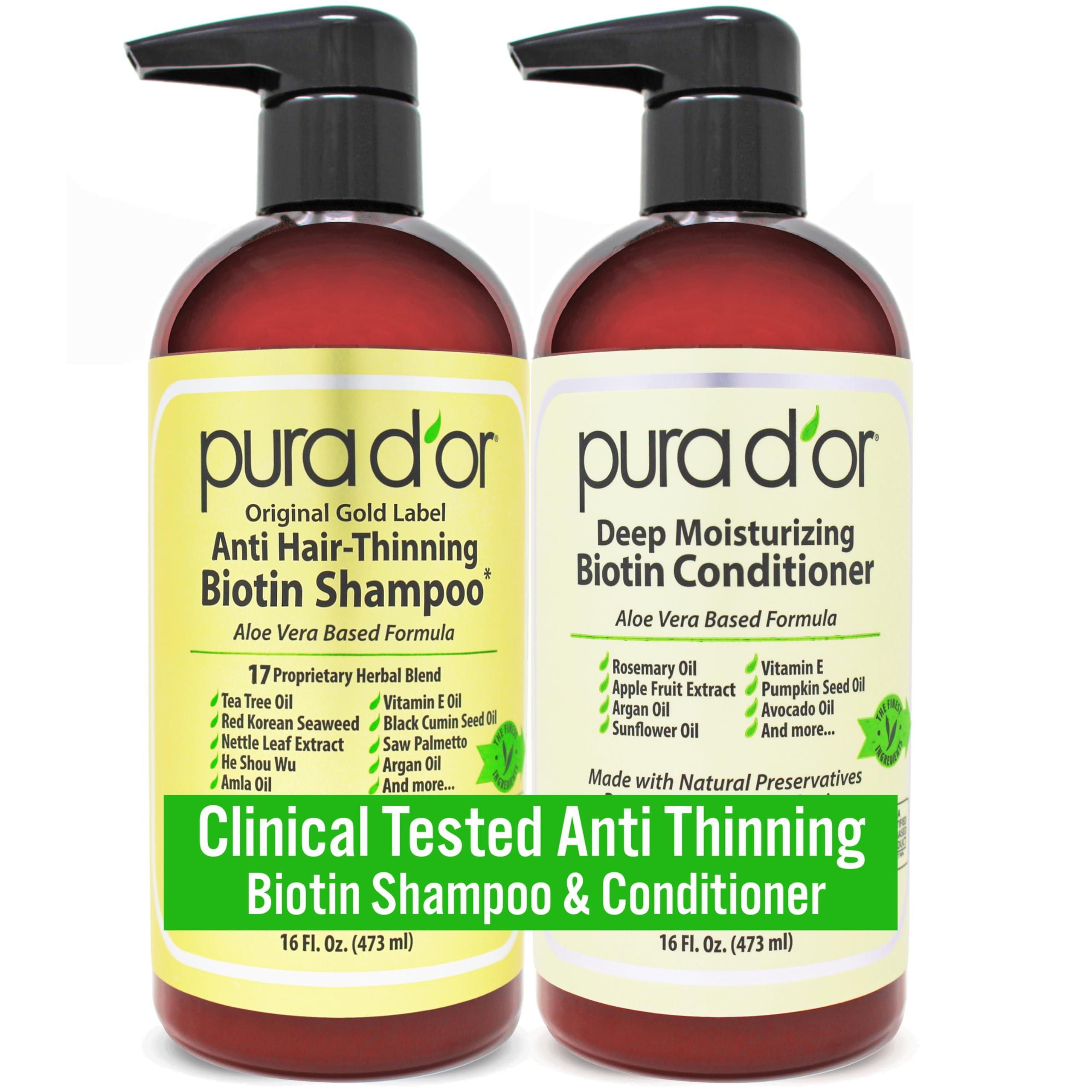 PURA D'OR Anti-Haarausfall Biotin Shampoo & Tiefenwirksam feuchtigkeitsspendende Spülung Original Gold Label Set (2x 473 ml) Natürlicher erdiger Duft, KLINISCH GETESTET, effektive Ergebnisse, Haarverdichtungsprodukt, Damen & Herren