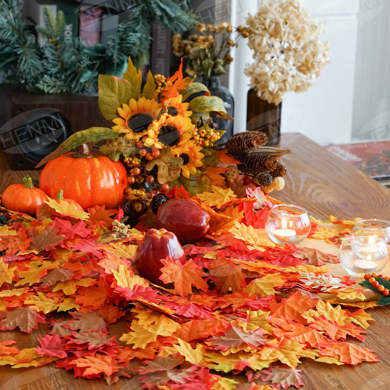 HENMI 500PCS Artificial Maple Leaves 5 Assorted Mixed Fake Fall Maple Leaf Lifelike Looking Silk Autumn Leaf Garland for Halloween Fall Decor Party Festival Thanksgiving Table Decorations…