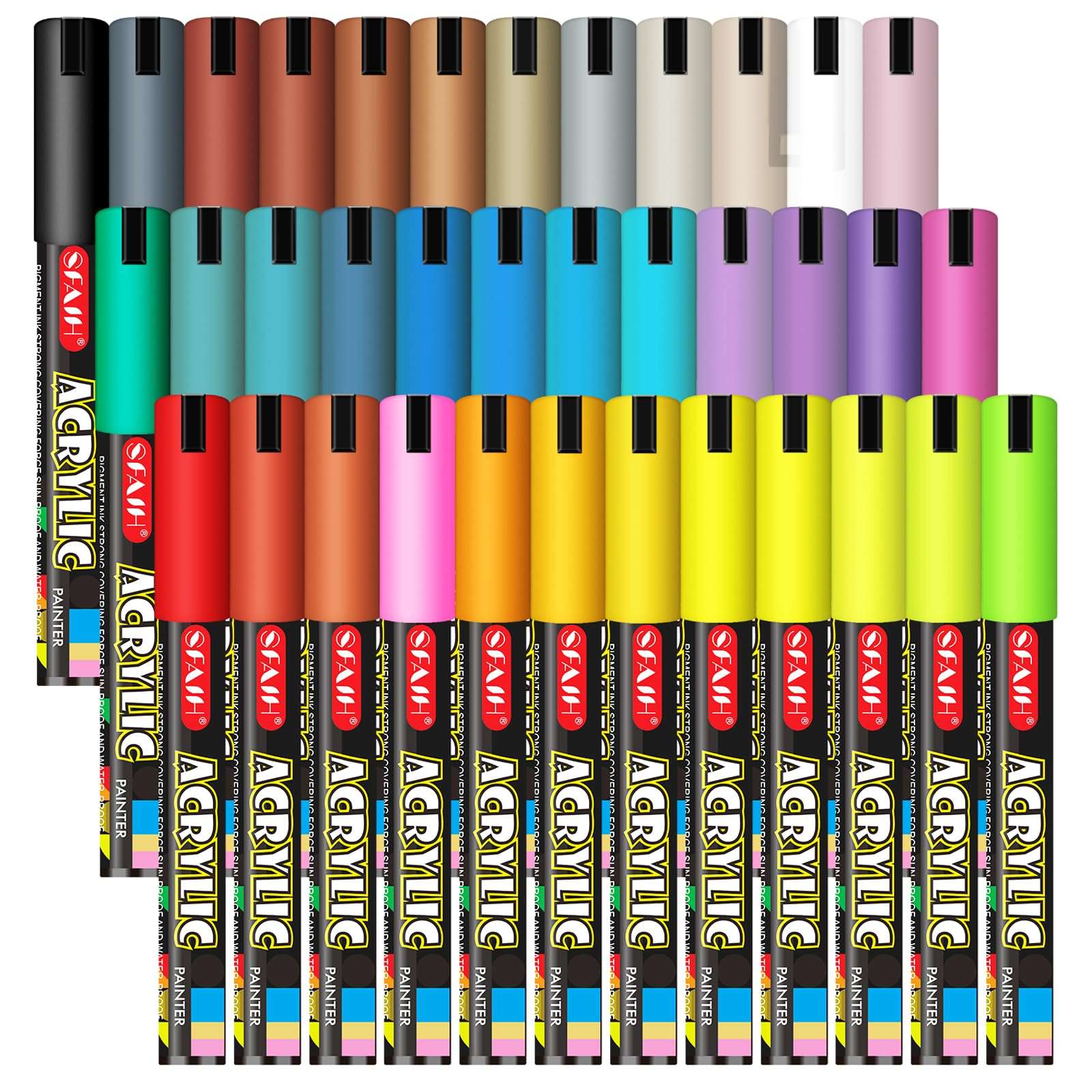 SFAIH Acrylic Paint Markers Pens - 24 Colors 3mm Medium Drawing Markers for Art Supplies, Graffiti Markers, Fabric Paint, Rock Painting, Art Markers for Kids Artists Adults - Large Ink Capacity
