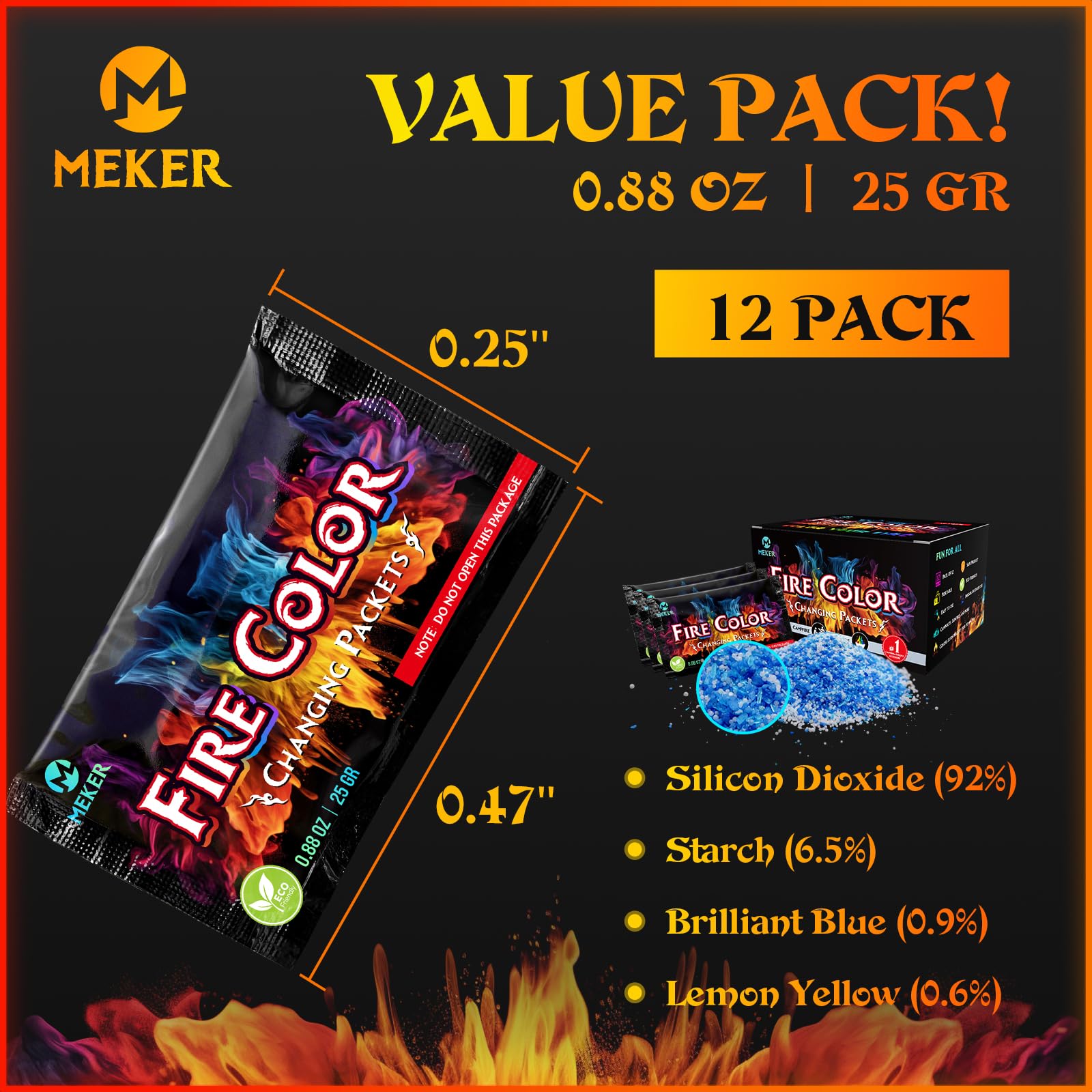 MEKER Fire Color Changing Packets - Fire Pit, Campfires, Outdoor Fireplaces, Bonfire - Fire Color - Perfect Fire Camping Accessories for Kids & Adults (12 Pack)