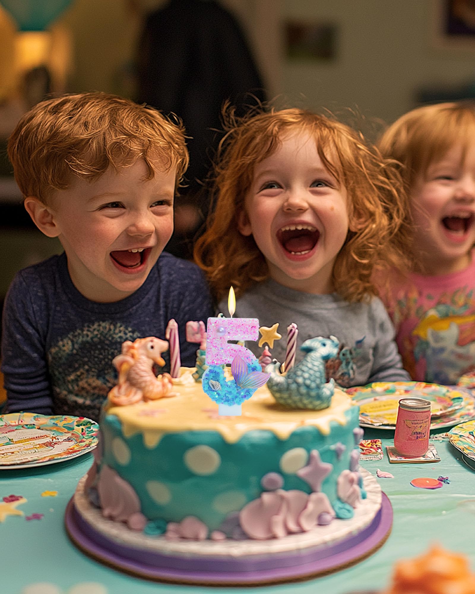 Mermaid Themed Birthday Candles, Number 5 Girls Glitter Birthday Party Supplies,Anniversary Party Decor,2.87 inch Cake Topper Decorations (Mermaid Themed, Number 5)