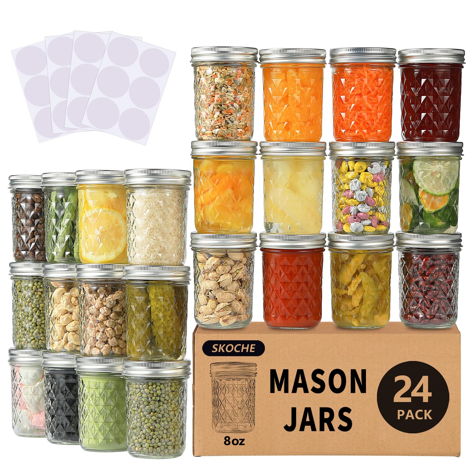 SKOCHE Mason Jars 8 oz 24 Pack Half Pint Canning Jars with Regular Airtight Lids and Bands, Small 8oz Glass Jars with Lids, Ideal for Fermenting, Pickling, DIY Decors, Fruit Preserves, Jam, Jelly