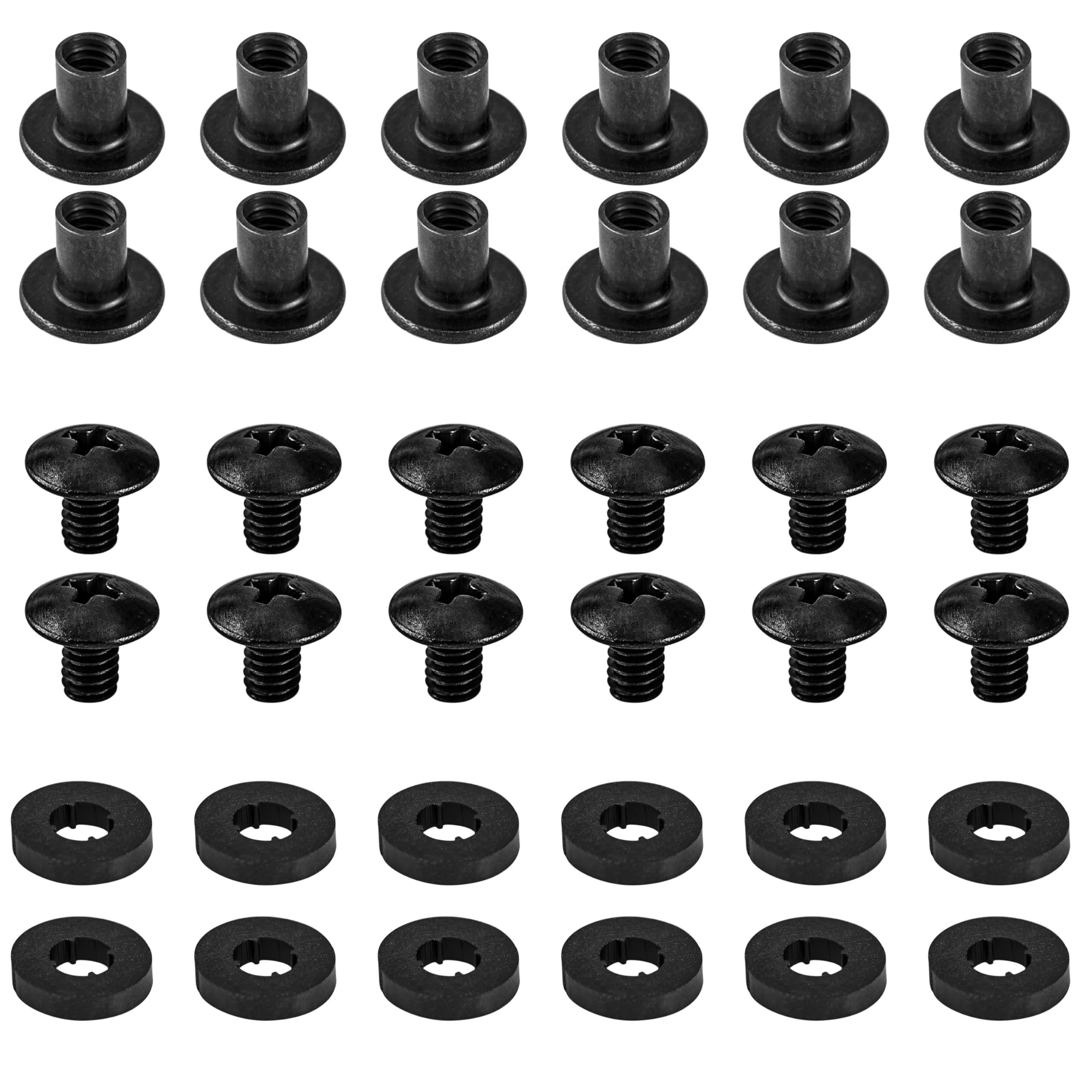 Schwarze Chicago-Schrauben, 12 Sets – für DIY Kydex- und Leder-Pistolenholster/Clips und Messerscheiden, 1/4 Zoll, inklusive Kreuzschlitz-Flachkopfschrauben + offenen Schlitzschrauben + Gummiunterlegscheiben/Abstandshaltern