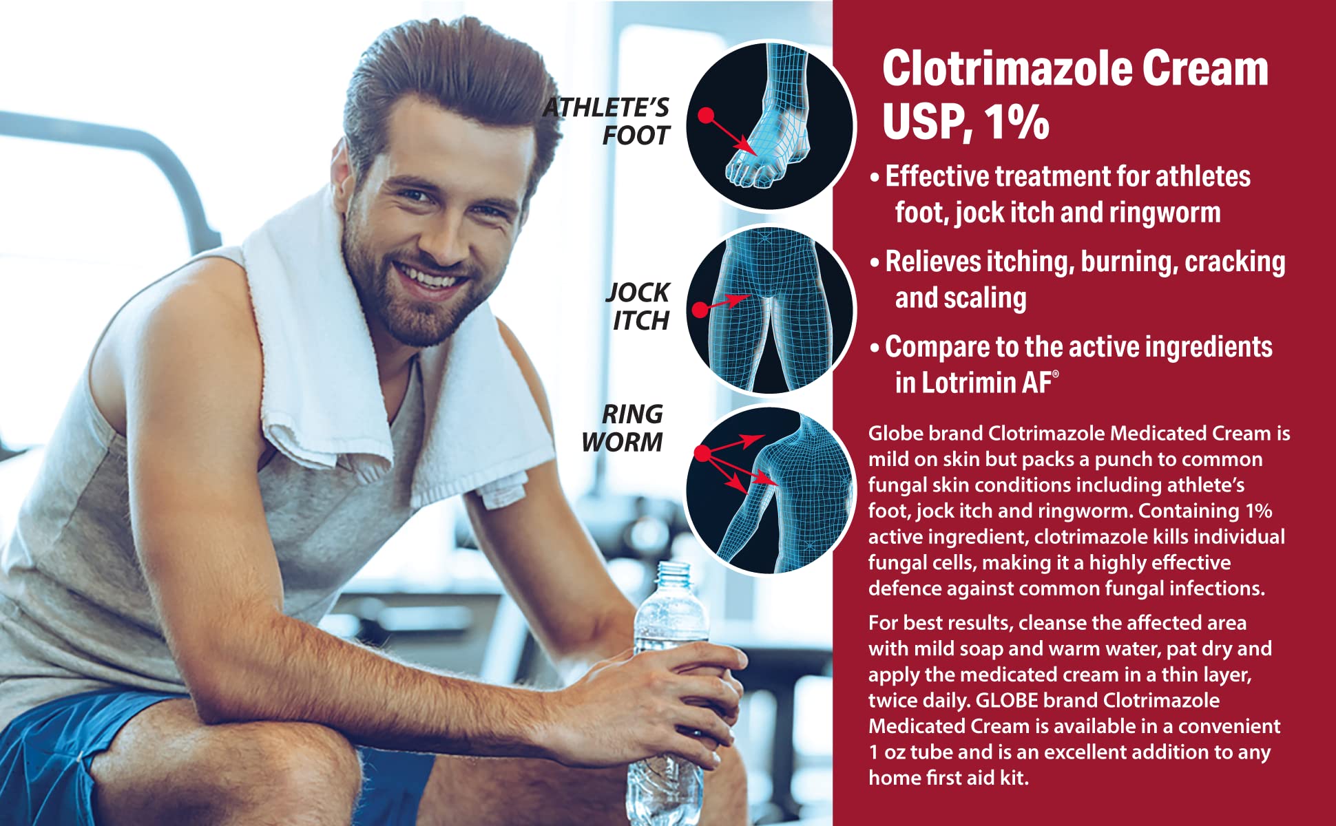 Globe Clotrimazole Antifungal Cream 1% USP (1 oz), Anti Fungal Treatment, Relieves Itching, Burning, Cracking and Scaling Associated Athletes Foot, Jock Itch, Ringworm and More