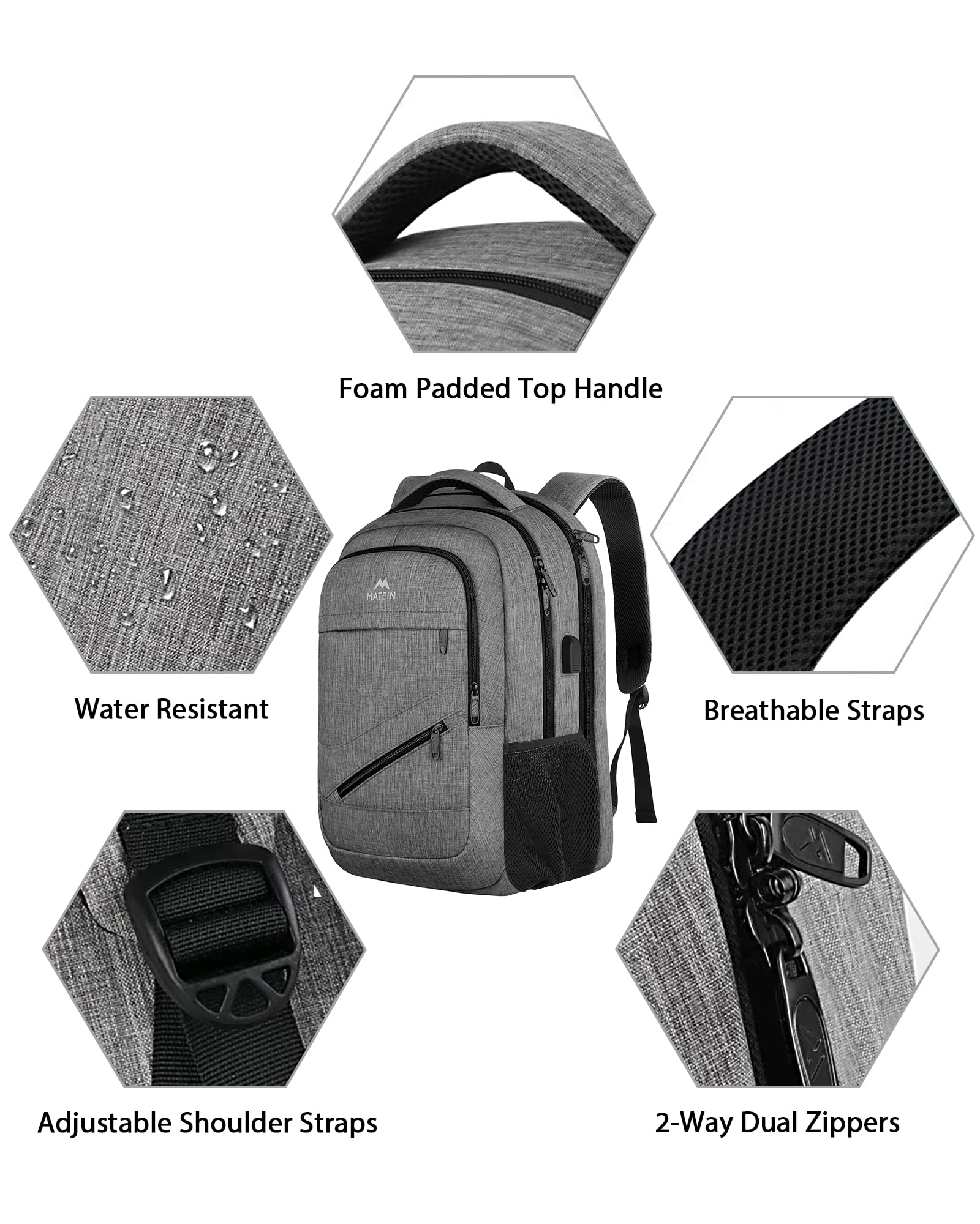 MATEIN Travel Laptop Backpack, 17 Inch Work TSA Approved Carry on Backpack, Large Computer Business Bag for Men Women with USB Port and Trolley Sleeve, College School Rucksack Book Bag, Grey
