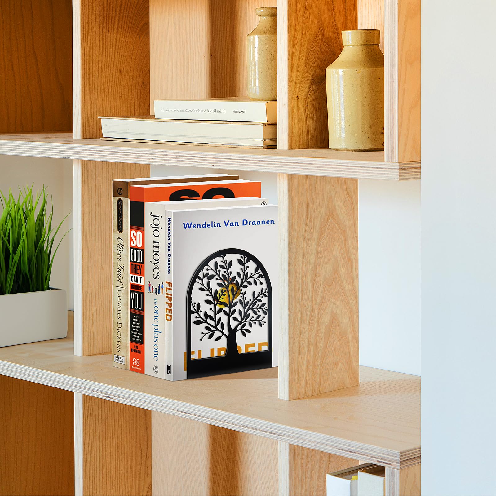 Umikk Book Ends, Metal Bookend, Tree of Life Bookend for Shelves, Home Decorative Bookends for Heavy Books, Black Non-Skid Book Stopper, 7 x 5.5 x 3.5 inch (1 Pair)