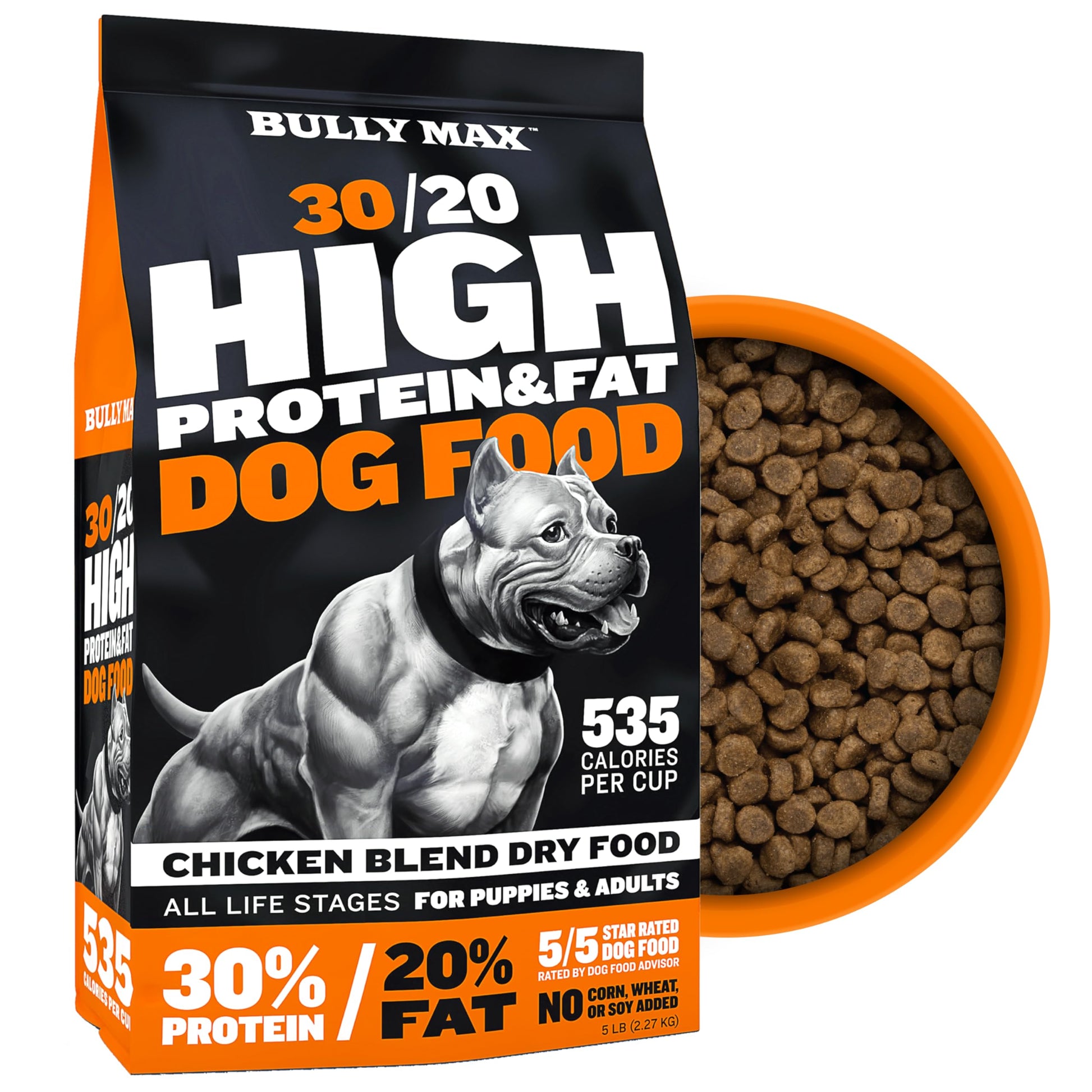 Bully Max Dry Dog Food for Adults & Pupppies - High Protein & Fat for Muscle & Weight Gain - High Performance Dog Food Supplements - Small & Large Breed Dogs (535 Calories Per Cup), Chicken, 5lb Bag