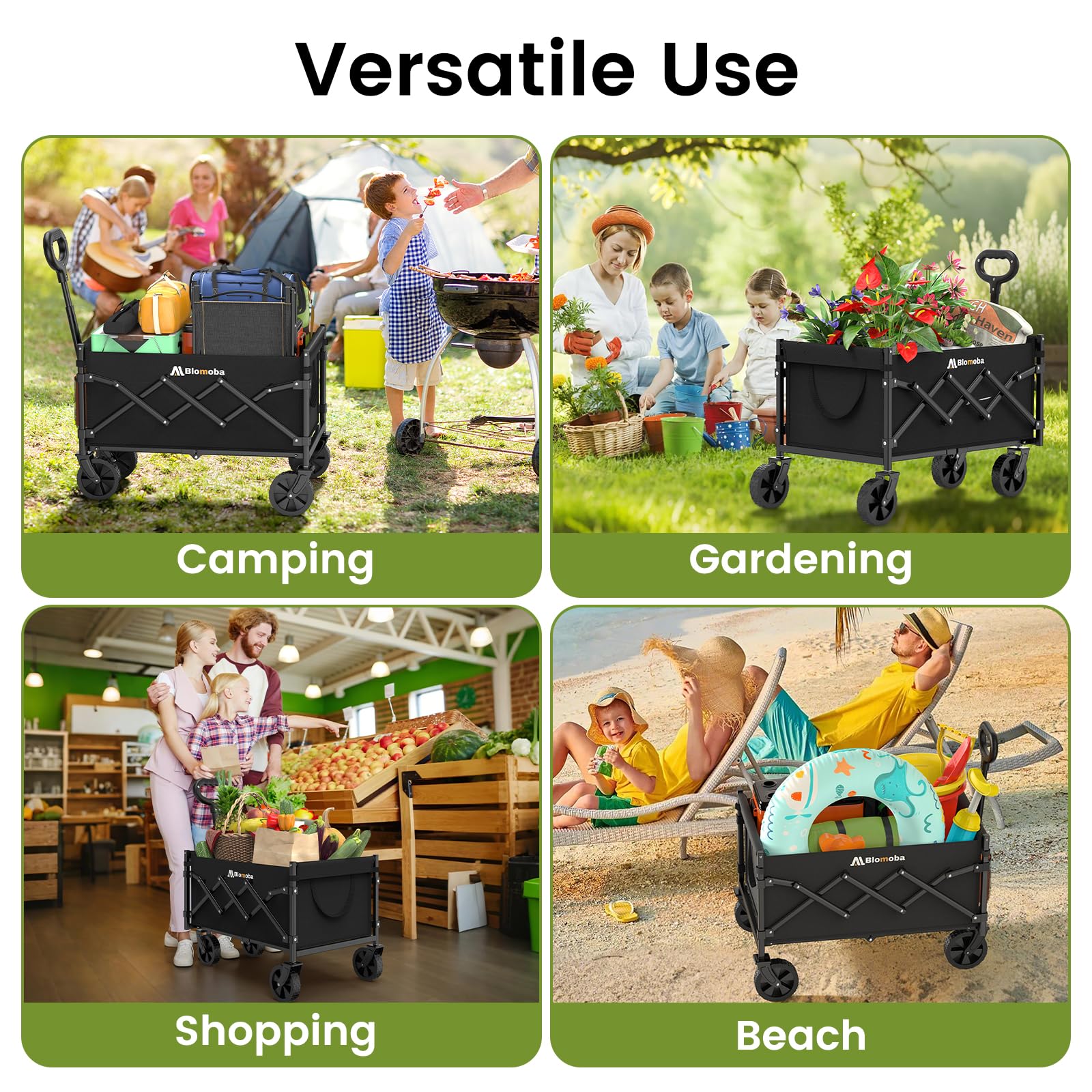 Collapsible Wagon with Wheels, 220 lbs Wagons Carts Foldable Wagon Cart with Flexible Handle, Lightweight Portable Folding Utility Grocery Shopping Cart for Grocery Sports Garden Camping