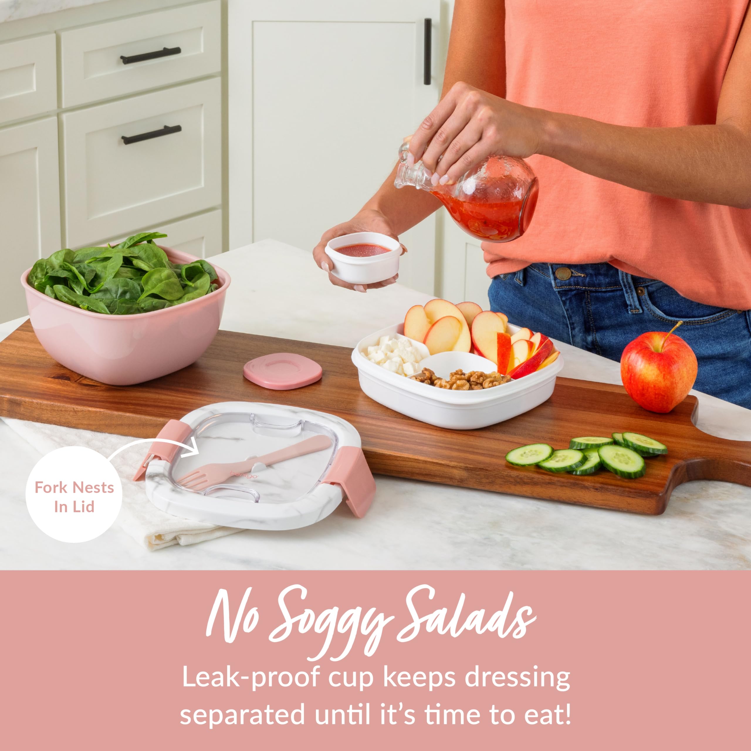Bentgo Salad Container - 54 oz Bowl with 4-Compartment Toppings Tray, Dressing Container, Reusable Fork, BPA-Free Lunch Box for Meal Prep & Food Storage; Removable Bento Tray (Blush Marble)