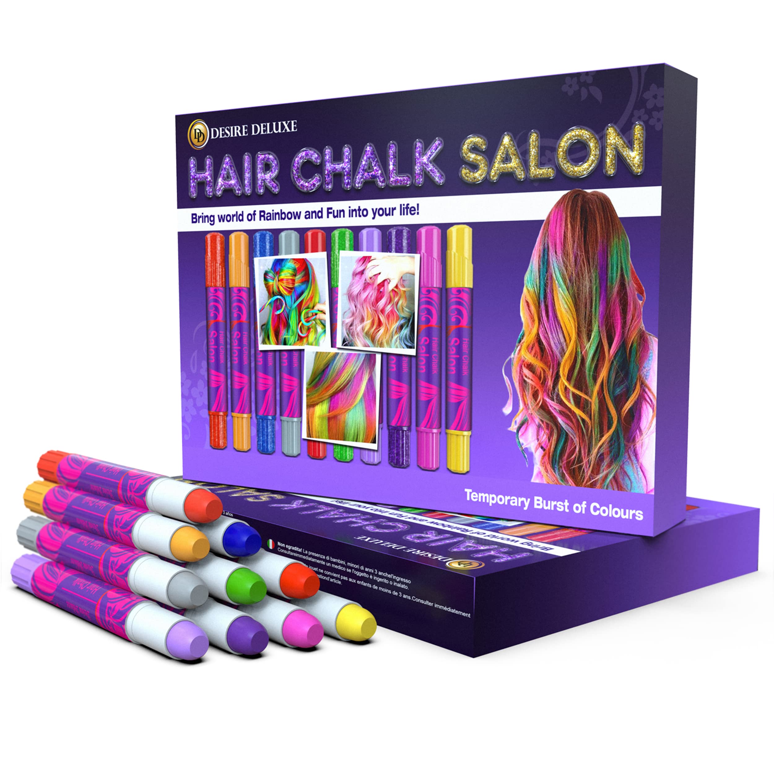 Desire Deluxe Haarkreide für Mädchen Make-up-Set mit 10 temporären Farbstiften, Tolles Spielzeug für Kinder im Alter von 5 6 7 8 9 10 11 12 13 Jahren, Blau, Grün, Grau, Pink, Lila