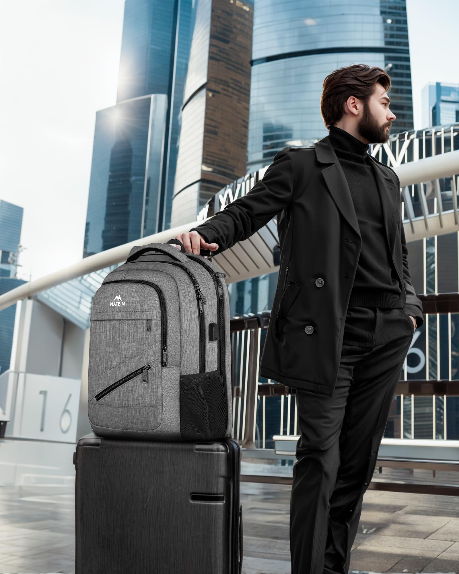 MATEIN Travel Laptop Backpack, 17 Inch Work TSA Approved Carry on Backpack, Large Computer Business Bag for Men Women with USB Port and Trolley Sleeve, College School Rucksack Book Bag, Grey