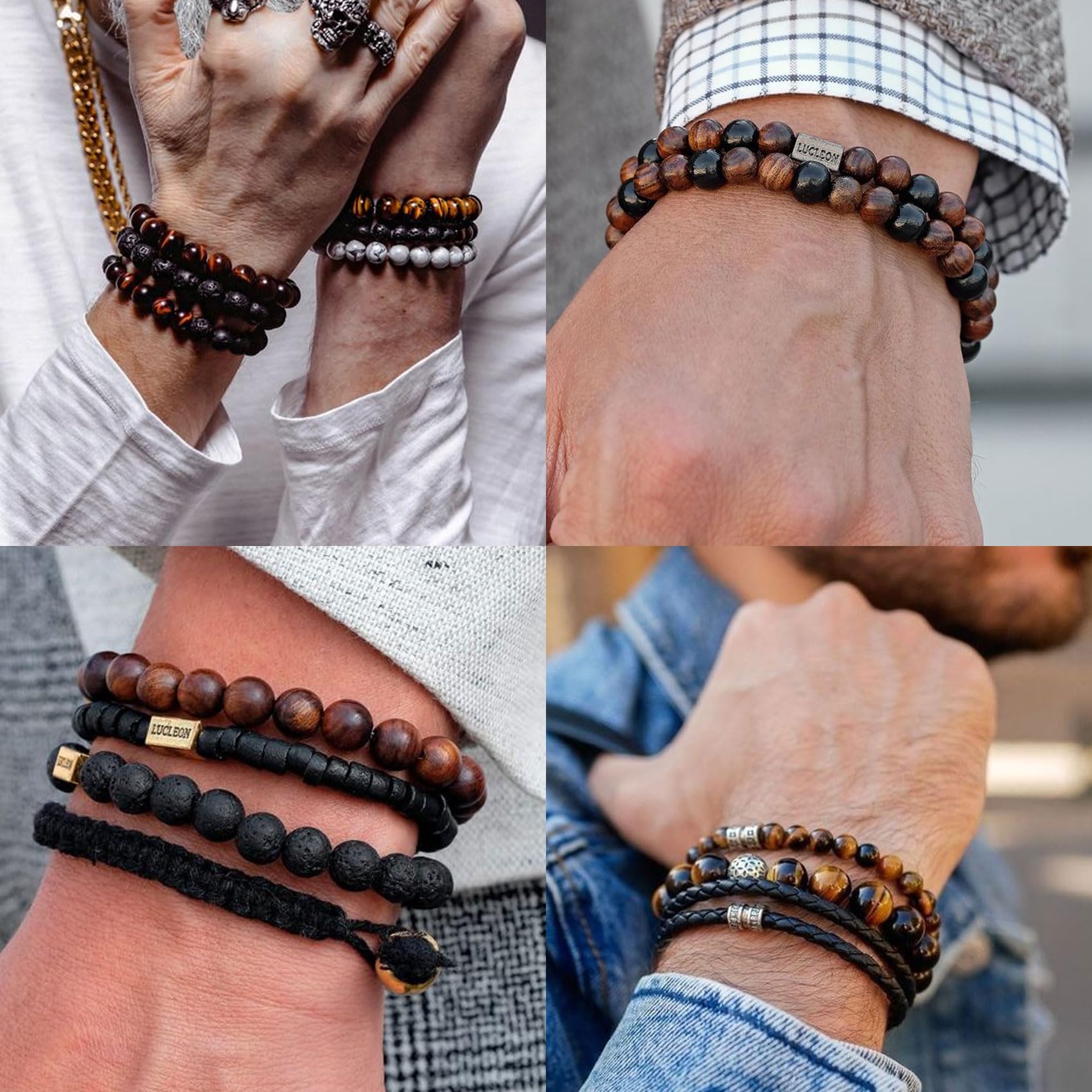 Tiger Eye Bracelet For Men 8MM Natural Stone Beads Bracelet Set Stretch Lava Rock Bracelets Adjustable Black Crystal Beaded Bracelet for Men Women Gifts