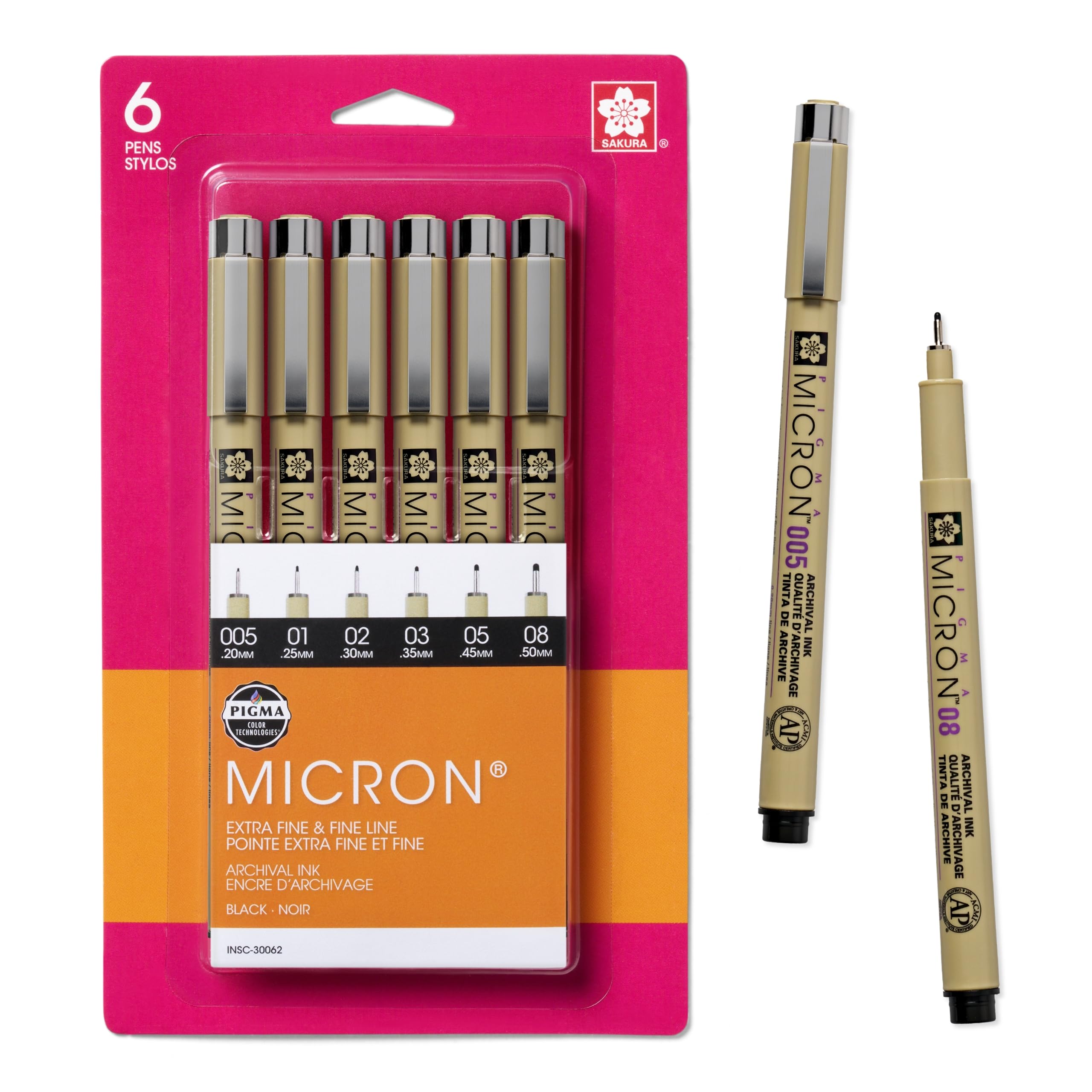 SAKURA Pigma Micron Fineliner-Stifte – Archivierbare schwarze Tuschestifte – Stifte zum Schreiben, Zeichnen oder Bullet Journaling – Sortierte Strichbreiten – 6er-Pack