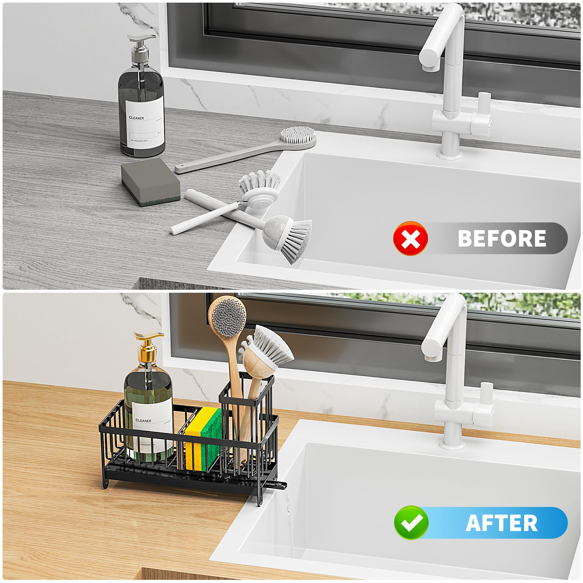 Cisily Black Sponge Holder for Kitchen Sink, Sink Caddy Organizer with High Brush Holder, Kitchen Countertop Organizers and Storage Essentials, Rustproof 304 Stainless Steel, Soap Dispenser Organize