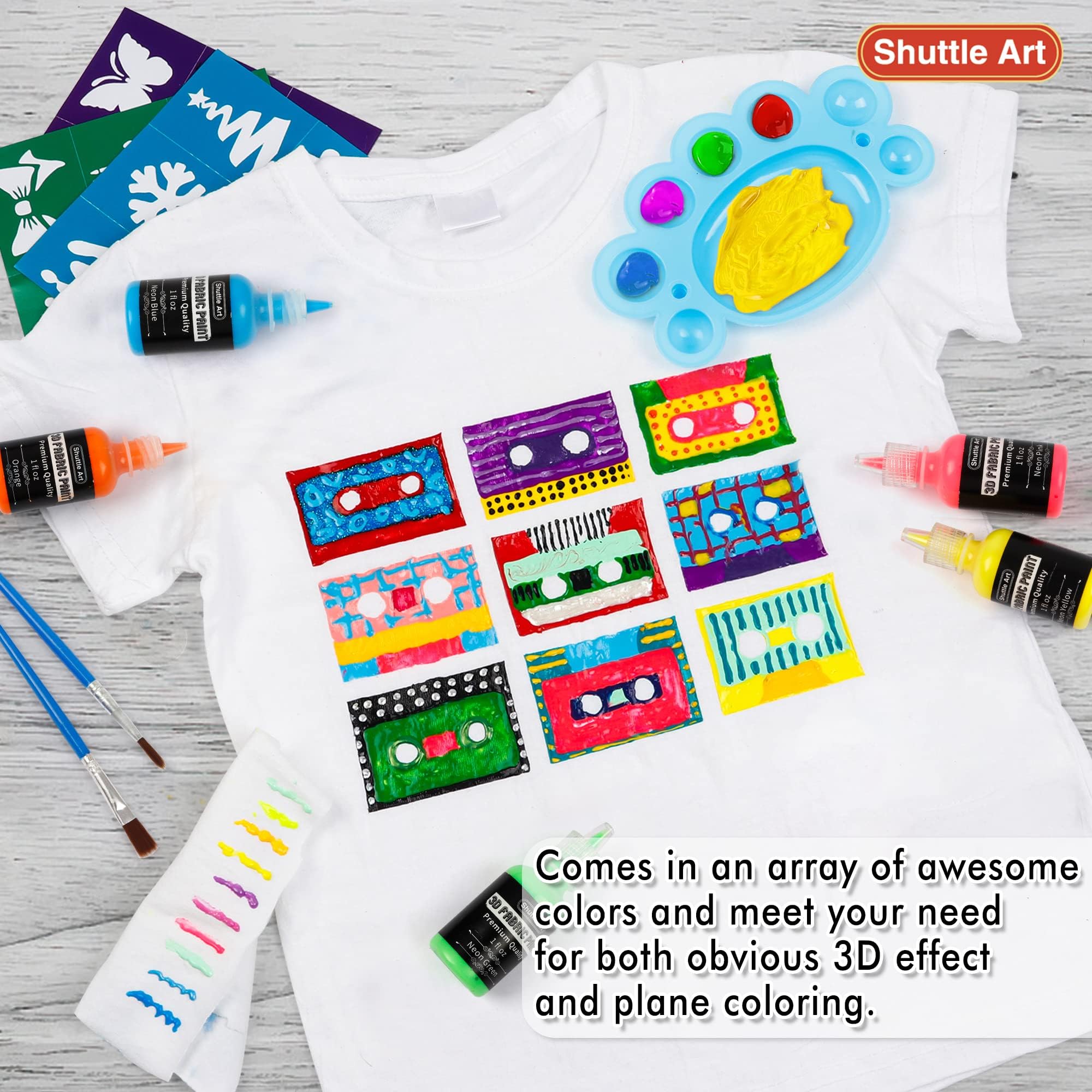 Shuttle Art Fabric Paint Set, 45 Colors 3D Permanent Paint with Brushes Palette Fabric Pen Fabric Sheet Stencils, Glow in The Dark, Glitter,Metallic Colors for Textile Fabric T-shirt Jeans Glass