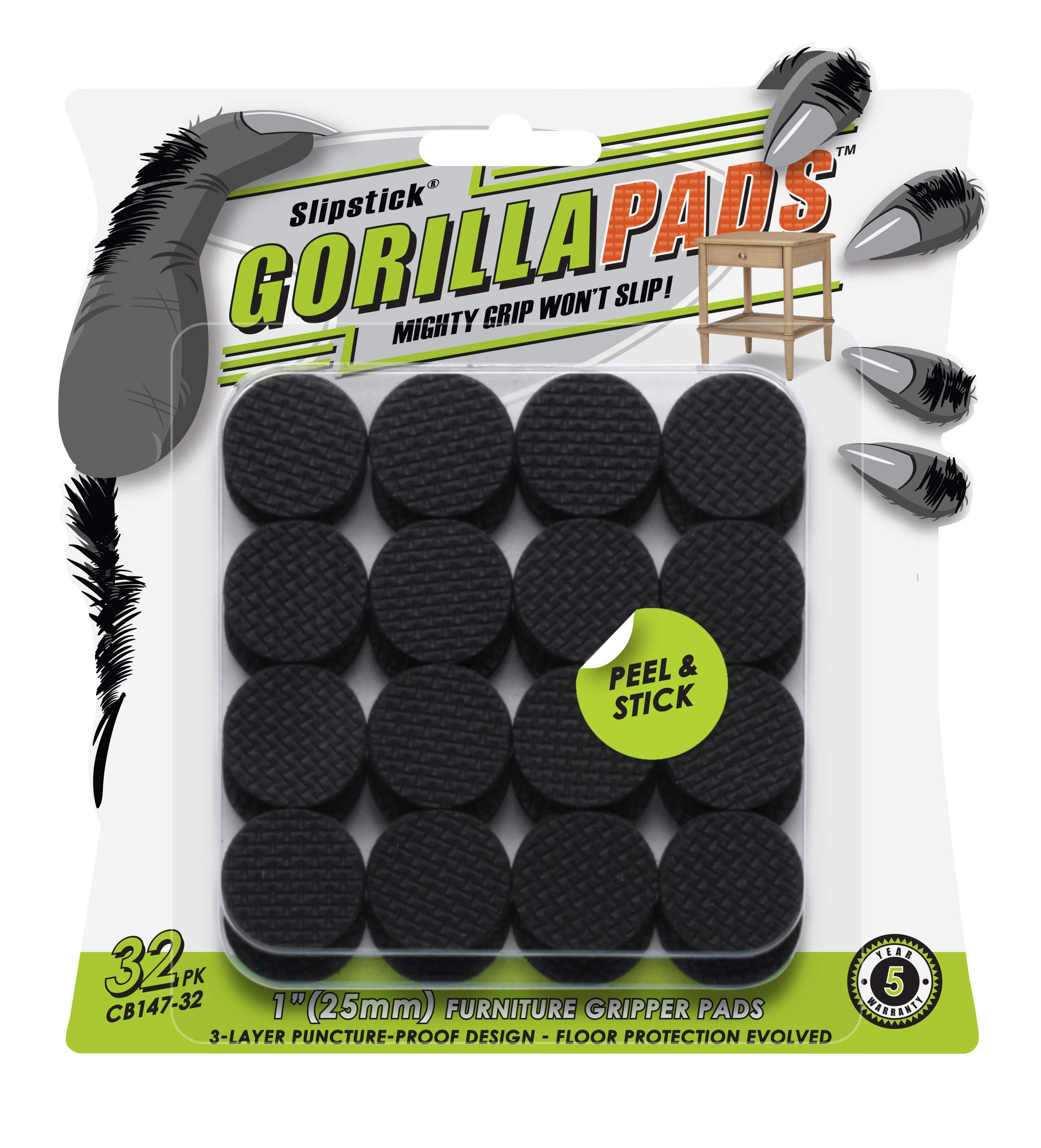 Slipstick GorillaPads CB150 Non Slip Furniture Pads/Rubber Grips (Set of 8) Self Adhesive Furniture Feet Floor Protectors, 1-1/2 inch Square, Black