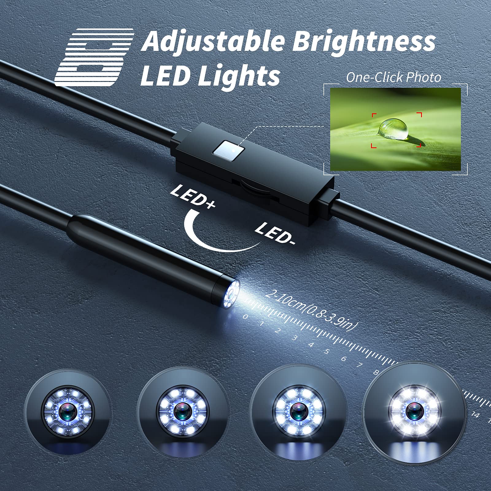 Endoscope Camera with Light,1920P HD Borescope Tools with 8 Adjustable LED Lights, Endoscope with Semi-Rigid Snake Camera, Inspection Borescope for iOS and Android-16.4ft Single Lens