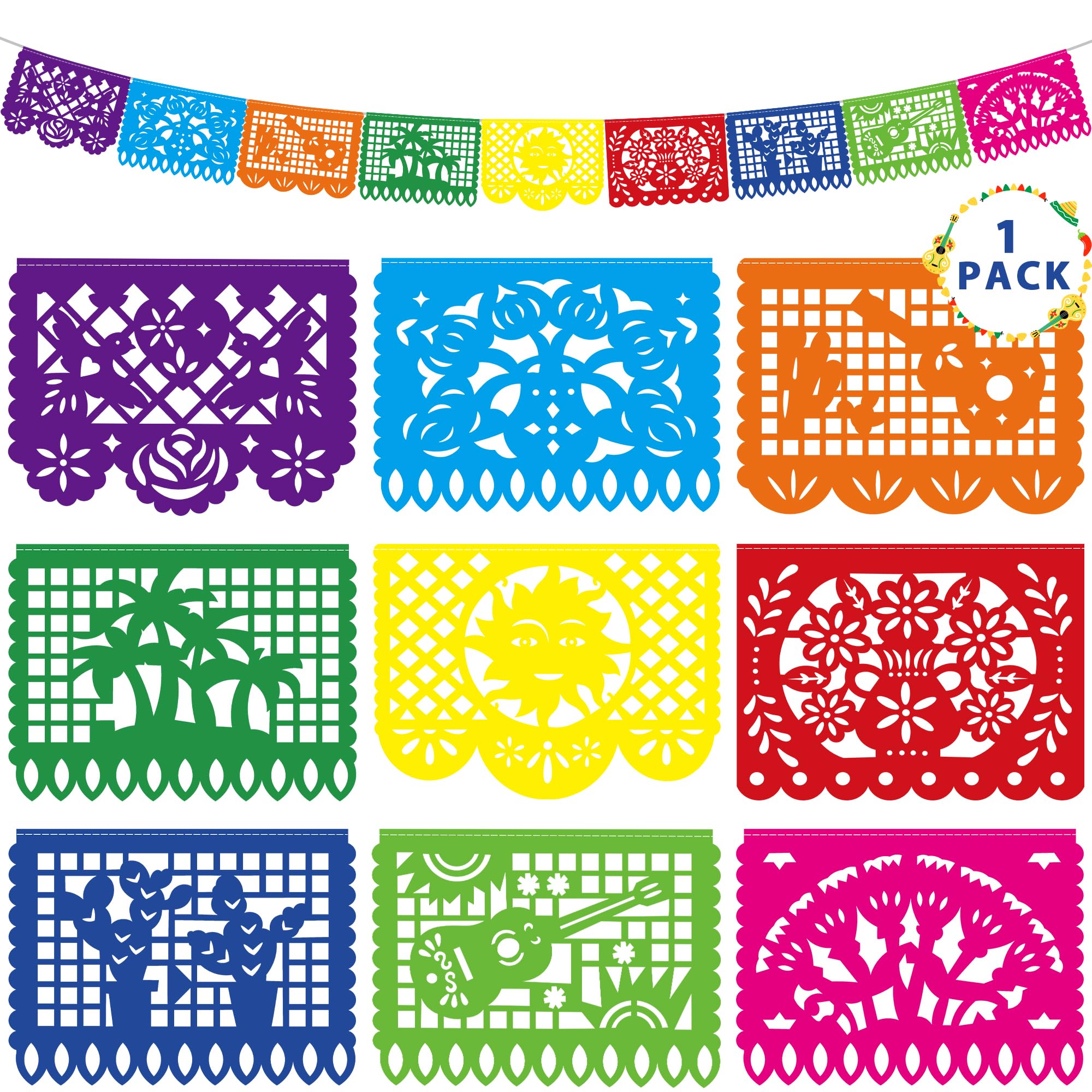 18 FT Cinco De Mayo Party Decorations, 1 Pack Fiesta Banner with 9 Plastic Papel Picado, Colorful Mexican Theme Party Flag Banner Dia De Los Muertos Day of the Dead Hanging Decor Home Party Supplies
