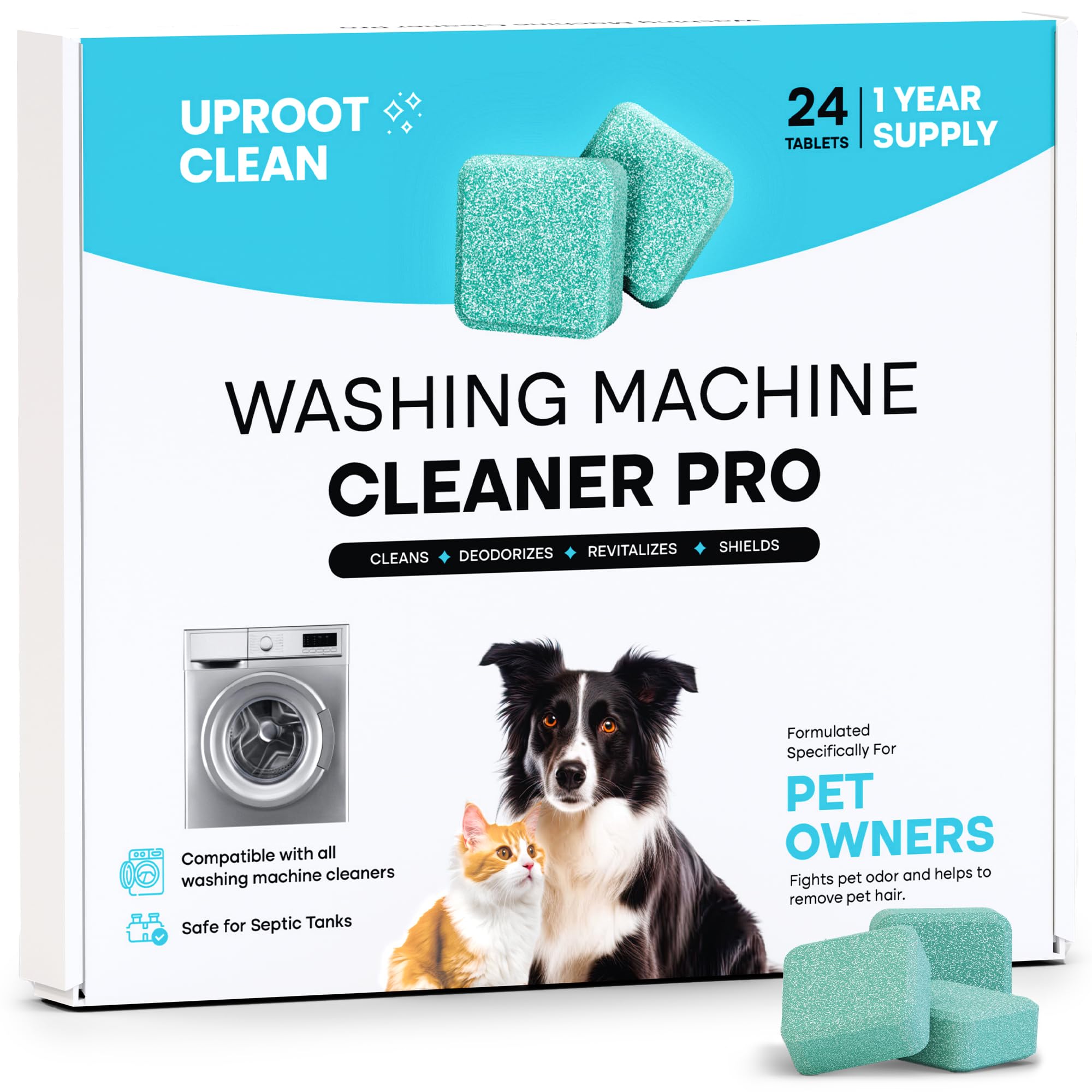 أقراص تنظيف الغسالات من Uproot Clean - عبوة 24 قرصًا تكفي لمدة 12 شهرًا. تركيبة خاصة لأصحاب الحيوانات الأليفة. متوافقة مع الغسالات عالية الكفاءة وذات التحميل العلوي والأمامي. تزيل البقايا والأوساخ والروائح الكريهة بسهولة. آمنة لخزانات الصرف الصحي.