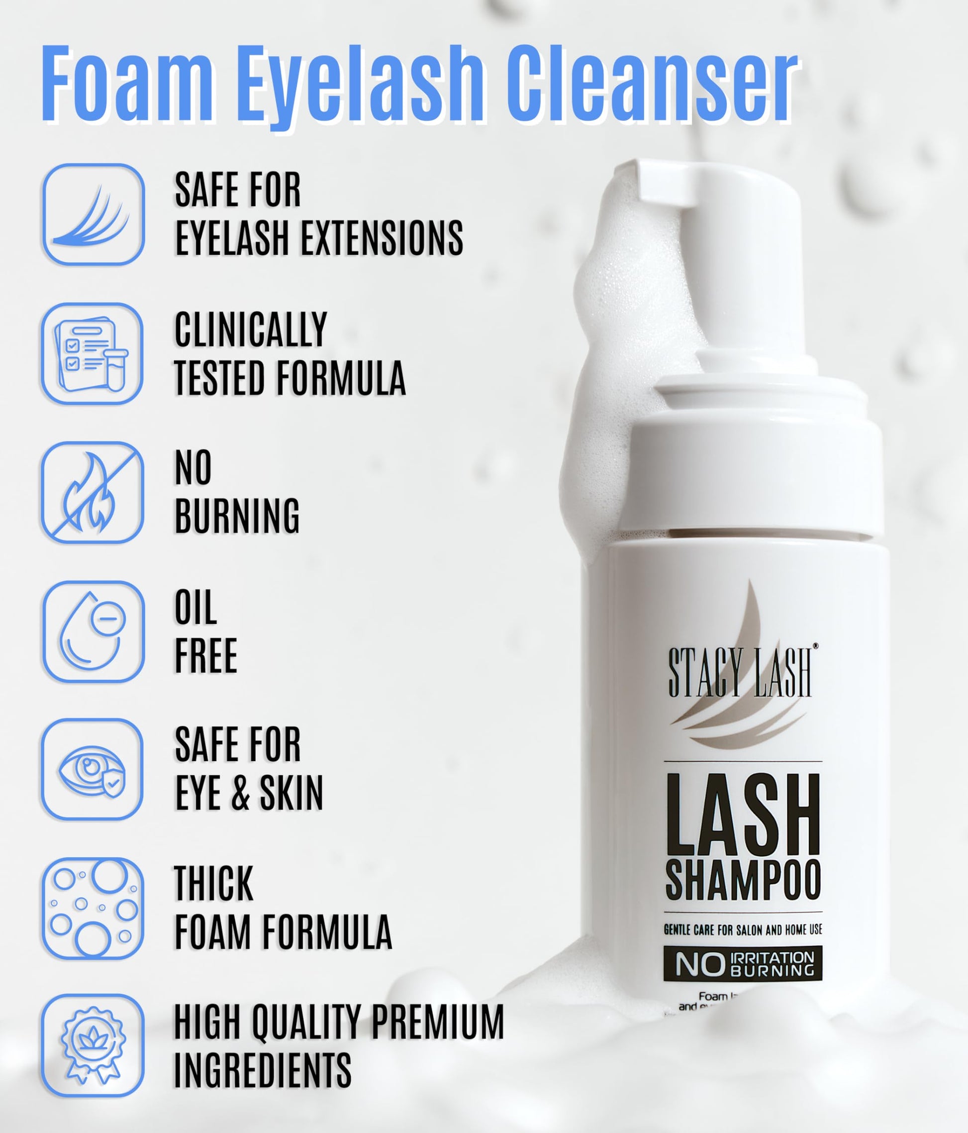 STACY LASH Eyelash Extension Shampoo + Brush / 1.69 fl.oz / 50ml / Eyelid Foaming Cleanser/Wash for Extensions & Natural Lashes/Safe Makeup Remover/Supplies for Professional & Home Use