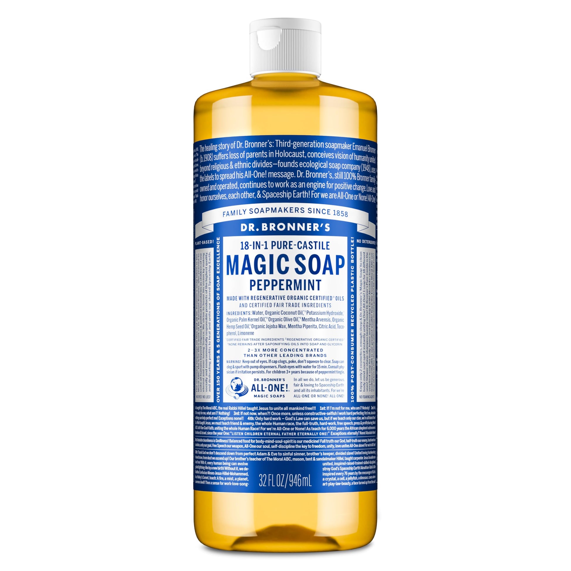 Dr. Bronner's Pure-Castile Magic Liquid Soap - Made with Regenerative Organic Certified Oils- 18-in-1 Uses for Face, Body, Hand, Hair, Laundry & More- Vegan, Non-GMO- Body Wash- Peppermint,32oz