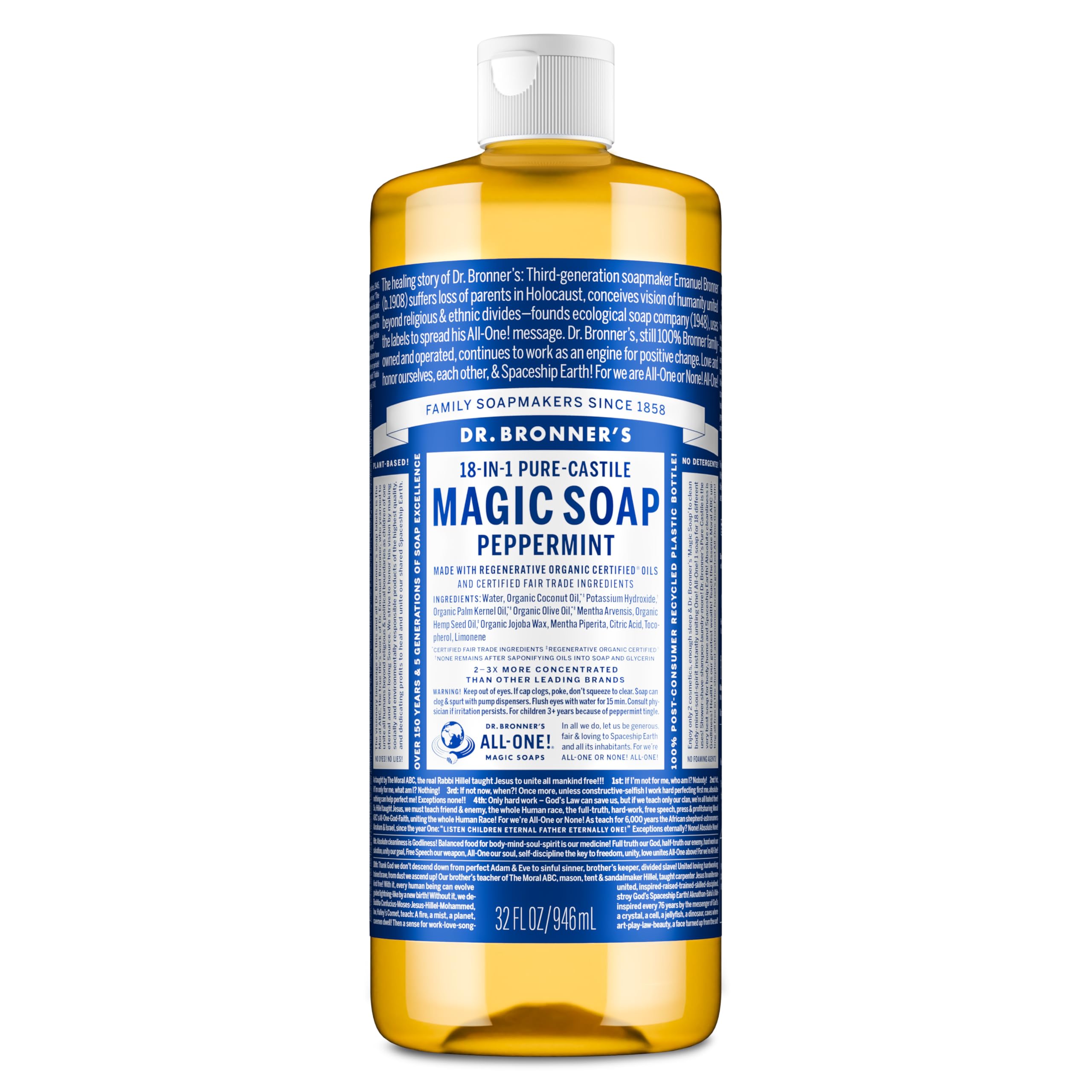 Dr. Bronner's Pure-Castile Magic Liquid Soap - Made with Regenerative Organic Certified Oils- 18-in-1 Uses for Face, Body, Hand, Hair, Laundry & More- Vegan, Non-GMO- Body Wash- Peppermint,32oz