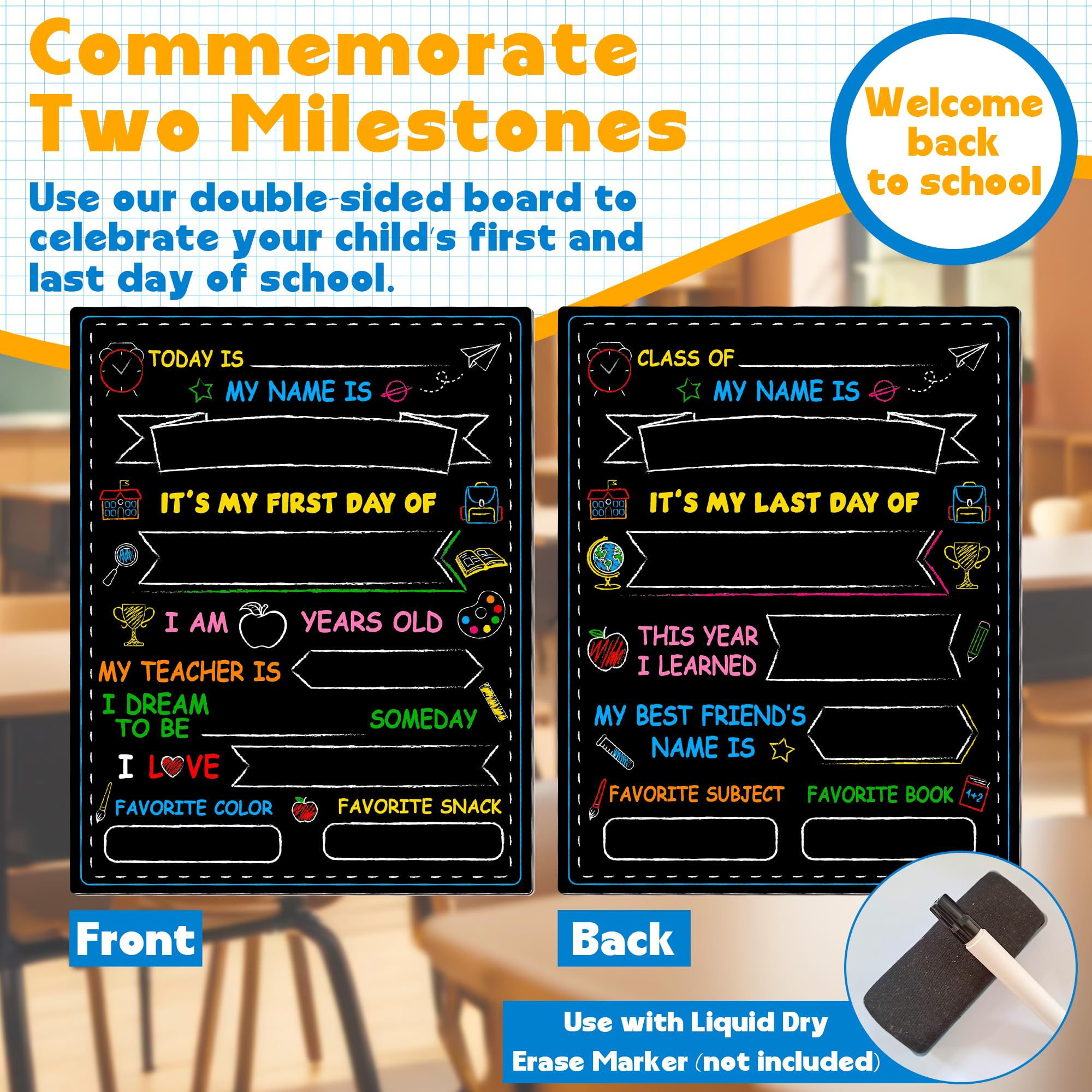 Melisheer First & Last Day of School Chalkboard, Personalized Paper Back to School Supplies, 14 X 11 in Erasable Double Sized First Day of School Board for Kids Son Daughter