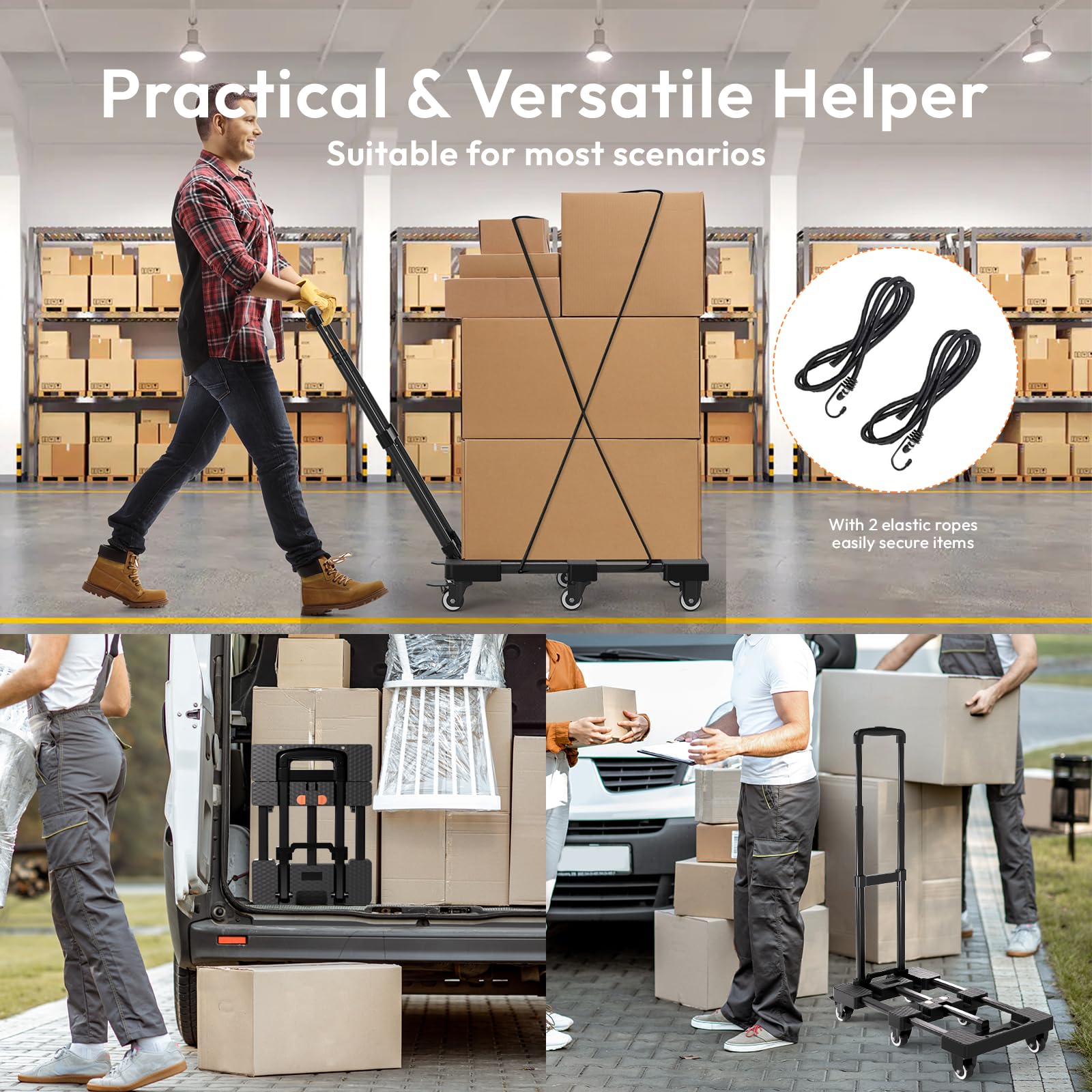 Voipvvii Folding Hand Truck 500lbs, Portable Heavy Duty Dolly Cart, 6 Wheels Collapsible Luggage Cart with 2 Elastic Ropes - Compact Trolley Cart for Easy Moving - Ideal Hand Cart for Travel and More