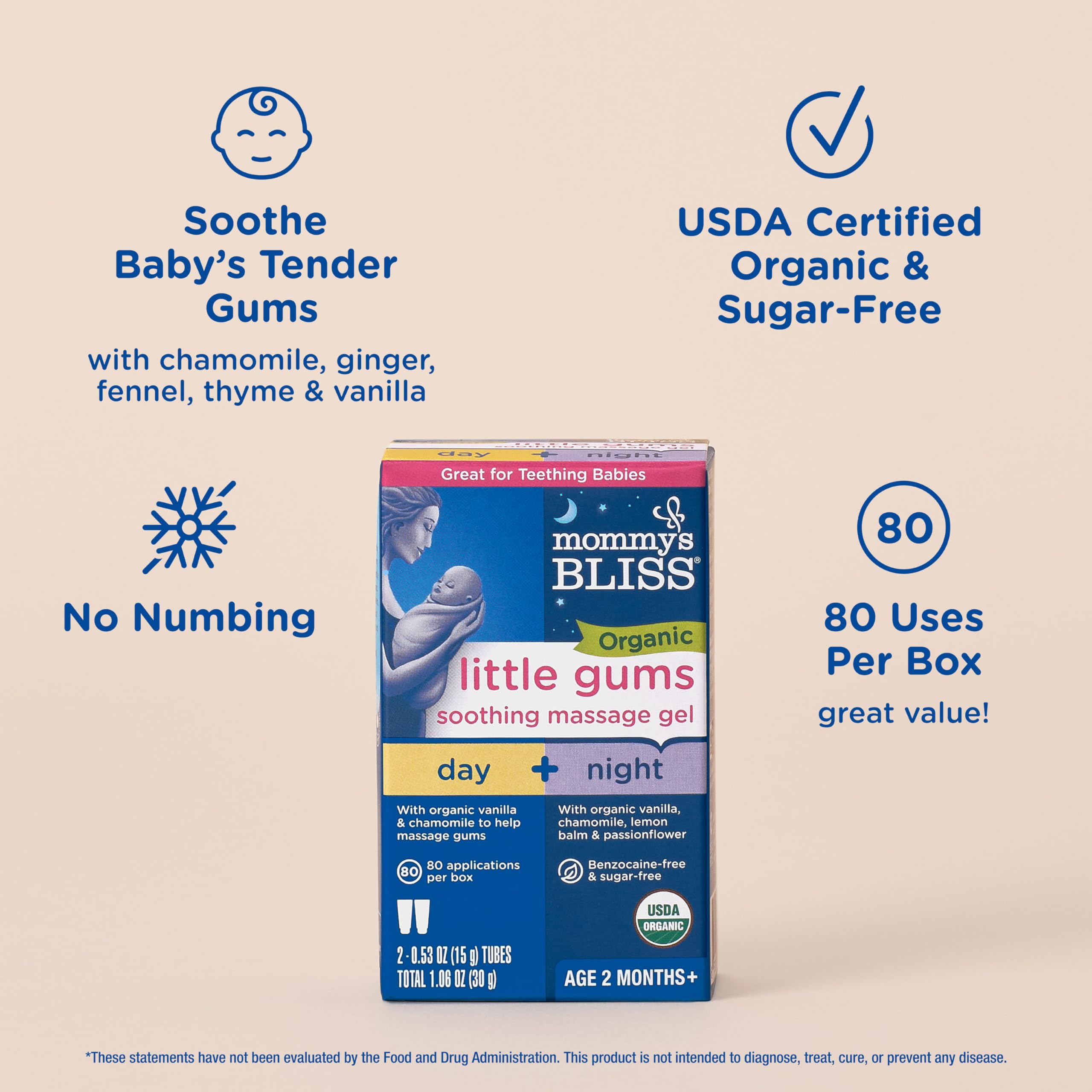 Mommy's Bliss Organic Little Gums Soothing Massage Gel Day and Night Combo, Great for Teething Babies, Age 2 Months+, Sugar Free, Mild & Sweet Flavor, 2 - 0.53 Oz Tubes (Pack of 1)