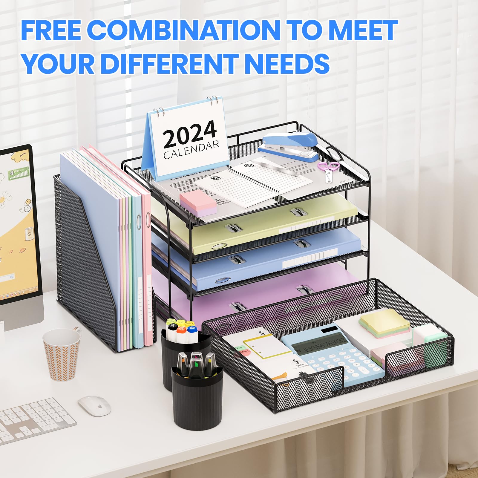 OPNICE Desk Organizer and Accessories, 4-Tier Desktop File Organizer with Drawer and 2 Pen Holders, Office Desk Accessories, Workspace Organizers for Office Supplies(Black)