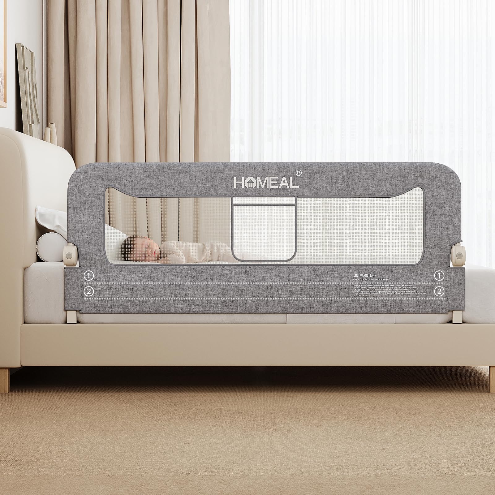 HOMEAL Bed Rail for Toddlers, 59in Swing Down Baby Bed Rail Guard, Toddler Bed Rails for King Size Beds, Twin, Full, Queen, Bed Guard Rail for Toddlers, Grey
