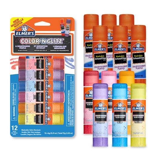 Elmer’s Color 'n Glitz Glue Sticks, Washable, Assorted Colors, Includes Disappearing Purple Glue Sticks, 6 Grams, 12 Pack