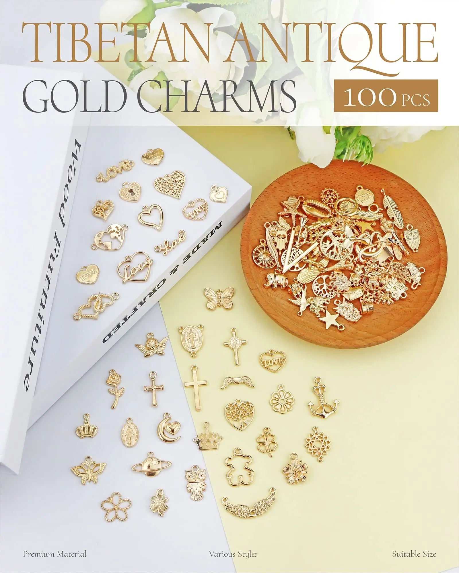 YETOOME 100 Pcs Wholesale Bulk Lots Jewelry Making Charms, Mixed Golden KC Gold Alloy Charms Pendants for Necklace Bracelet Jewelry Making and Crafting supplies