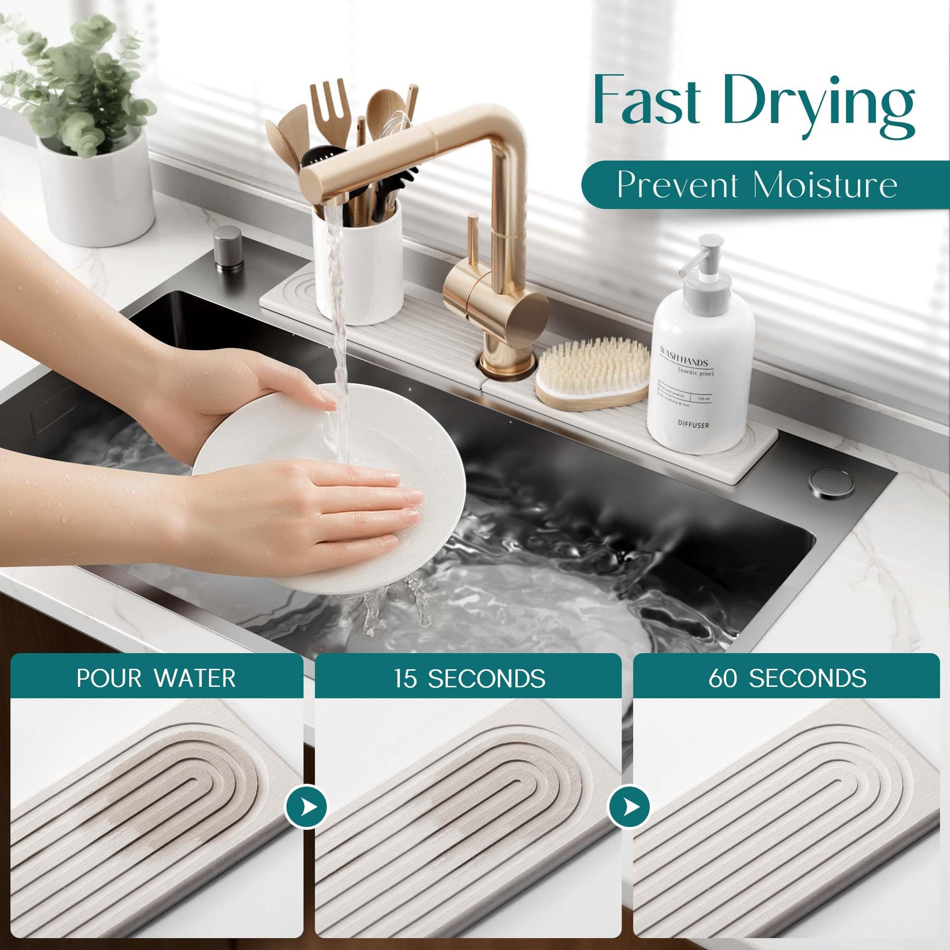 Eormoe Stone Faucet Mat for Kitchen Sink – Diatomite Drying Stone Mat & Sink Protector, Prevent Moisture – Sink Splash Guard Water-Absorbing Stone Tray for Bathroom Counter [Light Grey,23.6" x 3.9"]
