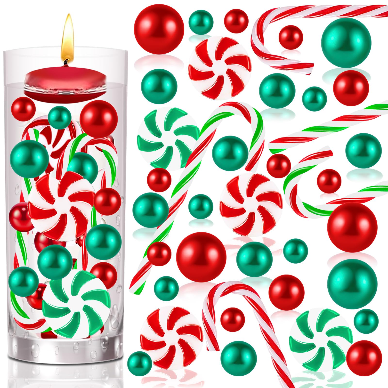 120 Pcs Christmas Vase Filler, Green Red Fake Candy Cane Beads for Decor Home, Floating Pearls for Vases for Table Decorations Centerpieces